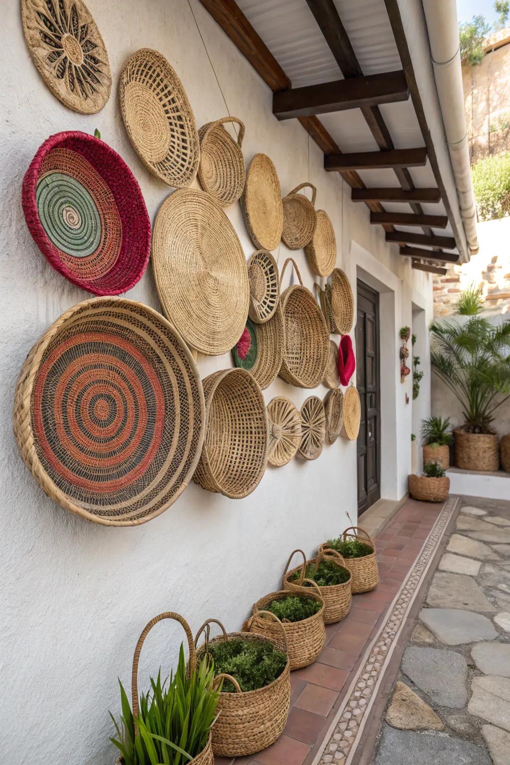 Woven baskets give this living room wall appealing texture and character.