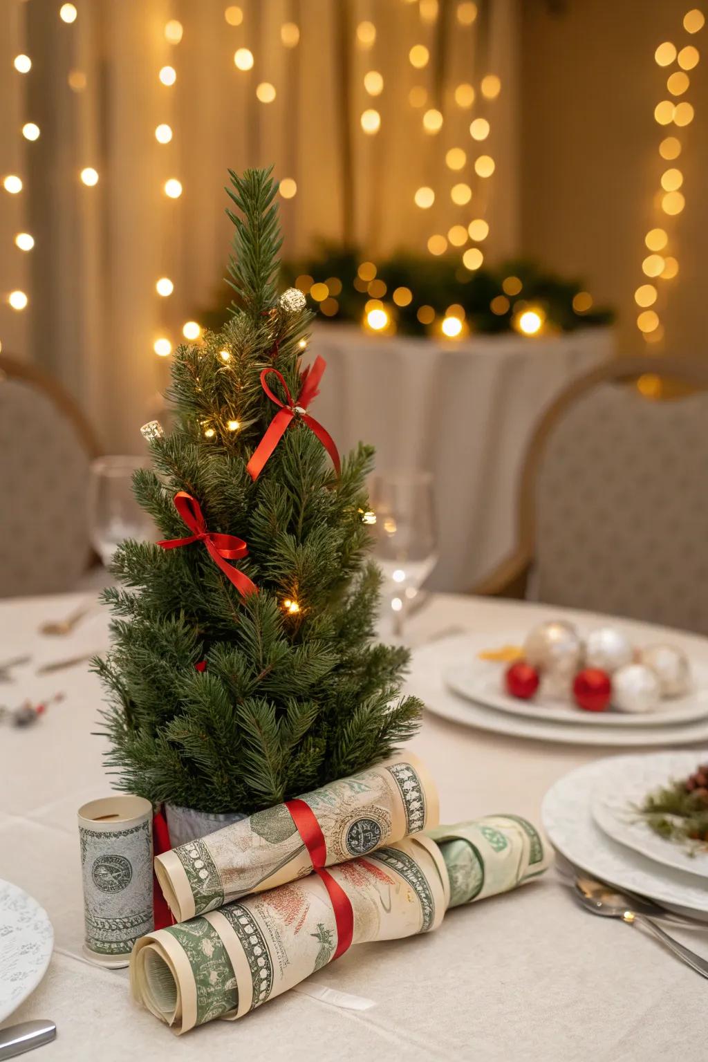 Transform a small tree into a festive money display.