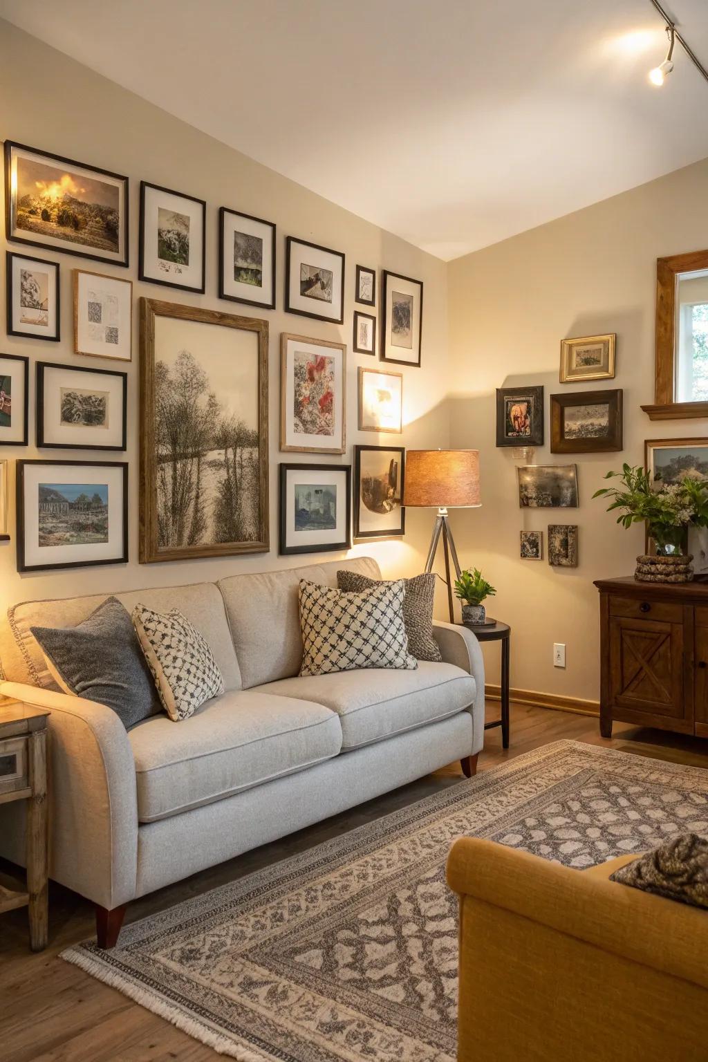 A gallery wall infuses any space with character and a welcoming feel.