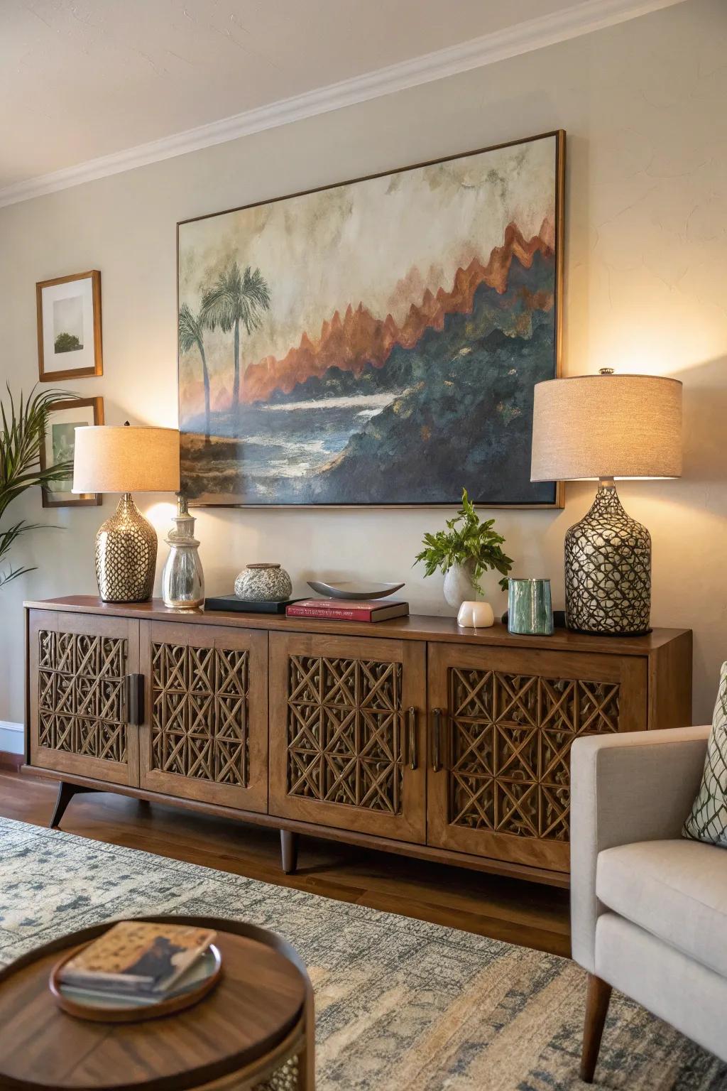 A sideboard accentuated by a striking abstract painting.