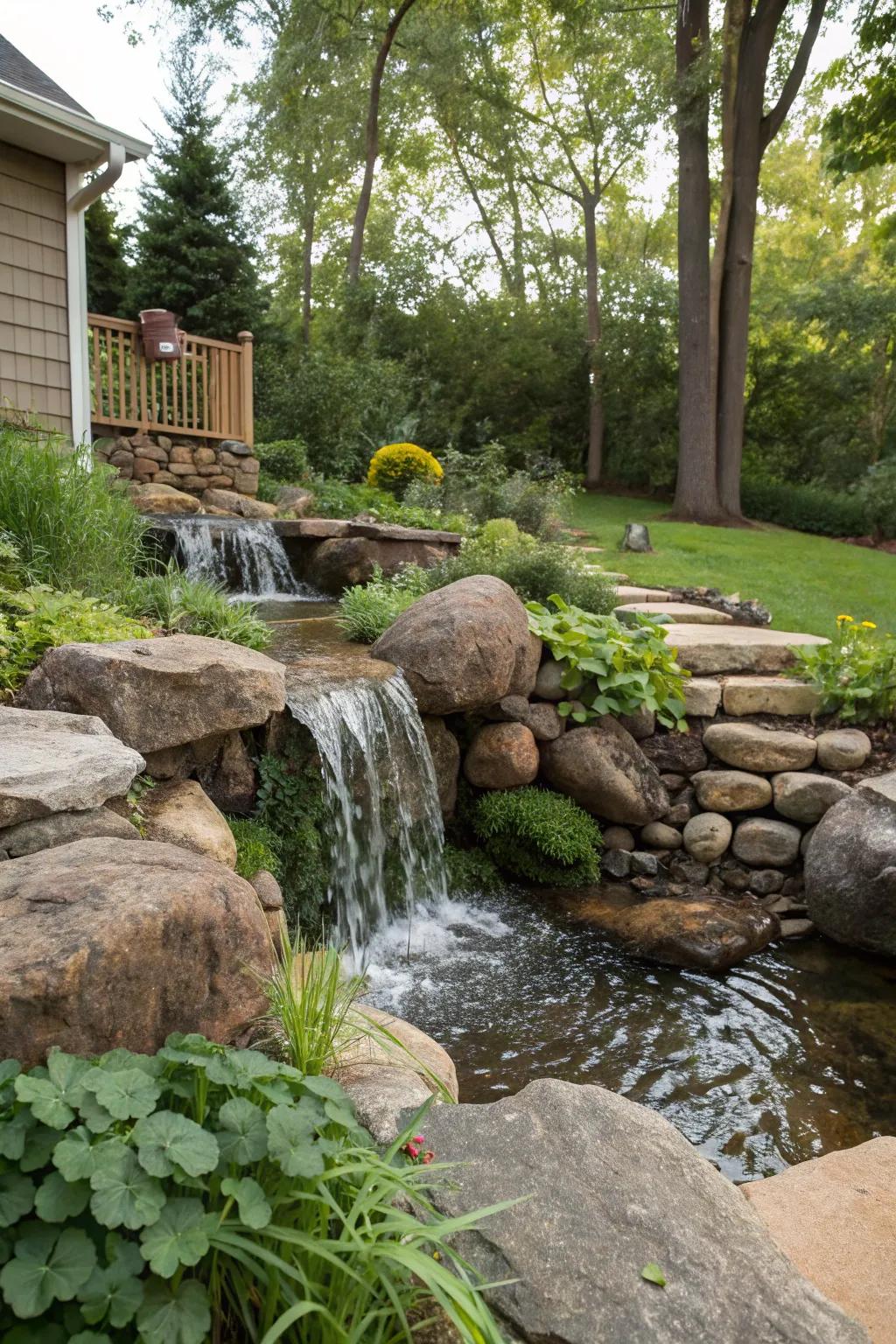 A natural water feature provides comforting sounds and visual beauty to your streamside design.