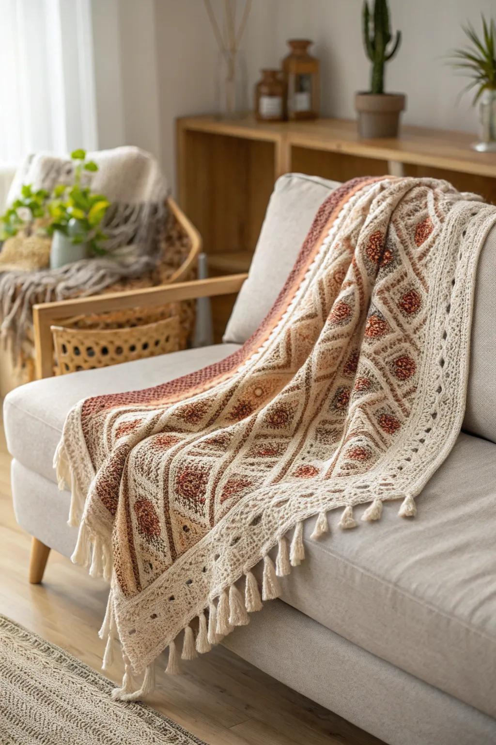 Surround yourself with warmth and style with this handmade crochet blanket, the ideal addition to your minimalist retreat.