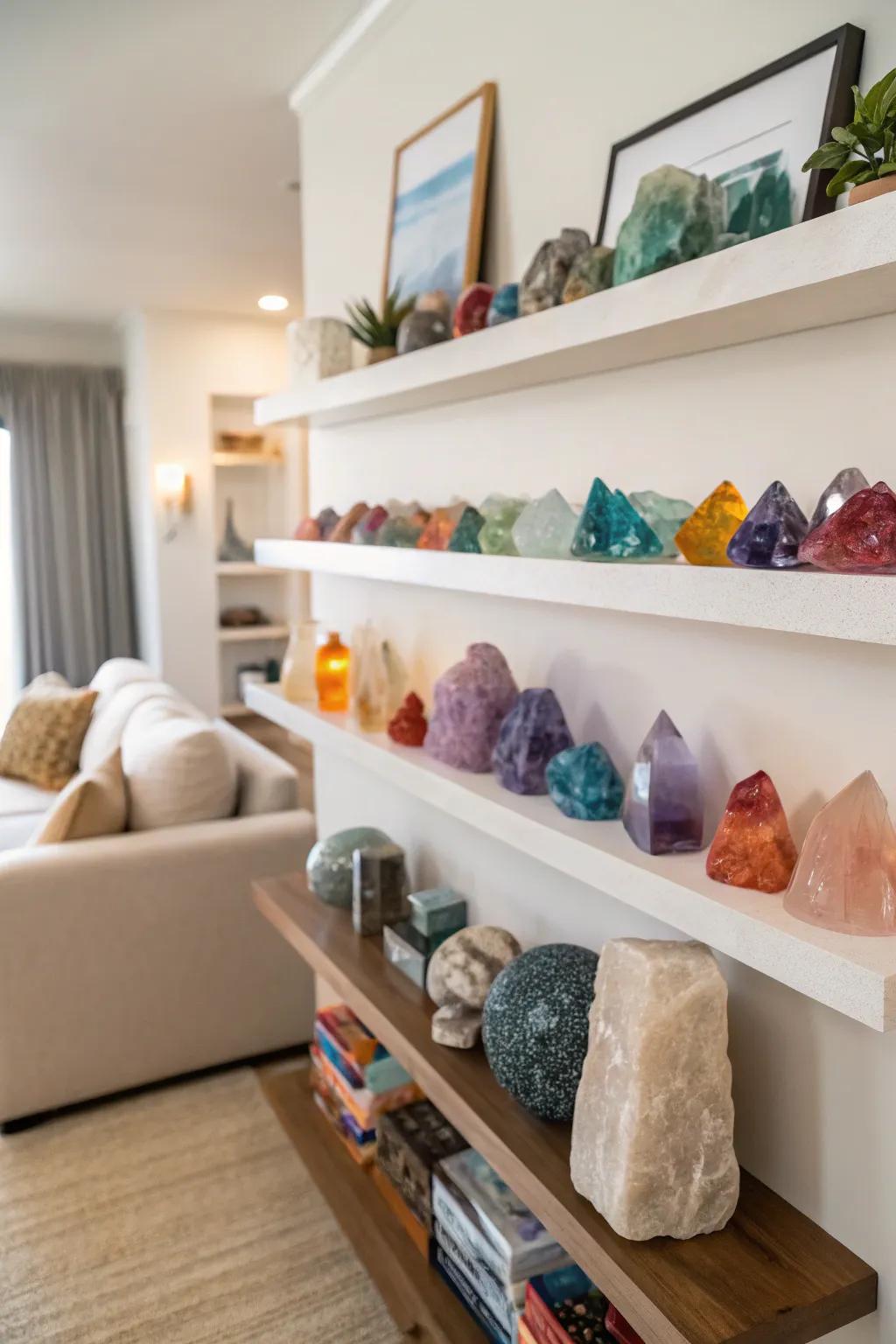 Sleek shelves beautifully displaying crystals arranged by color.