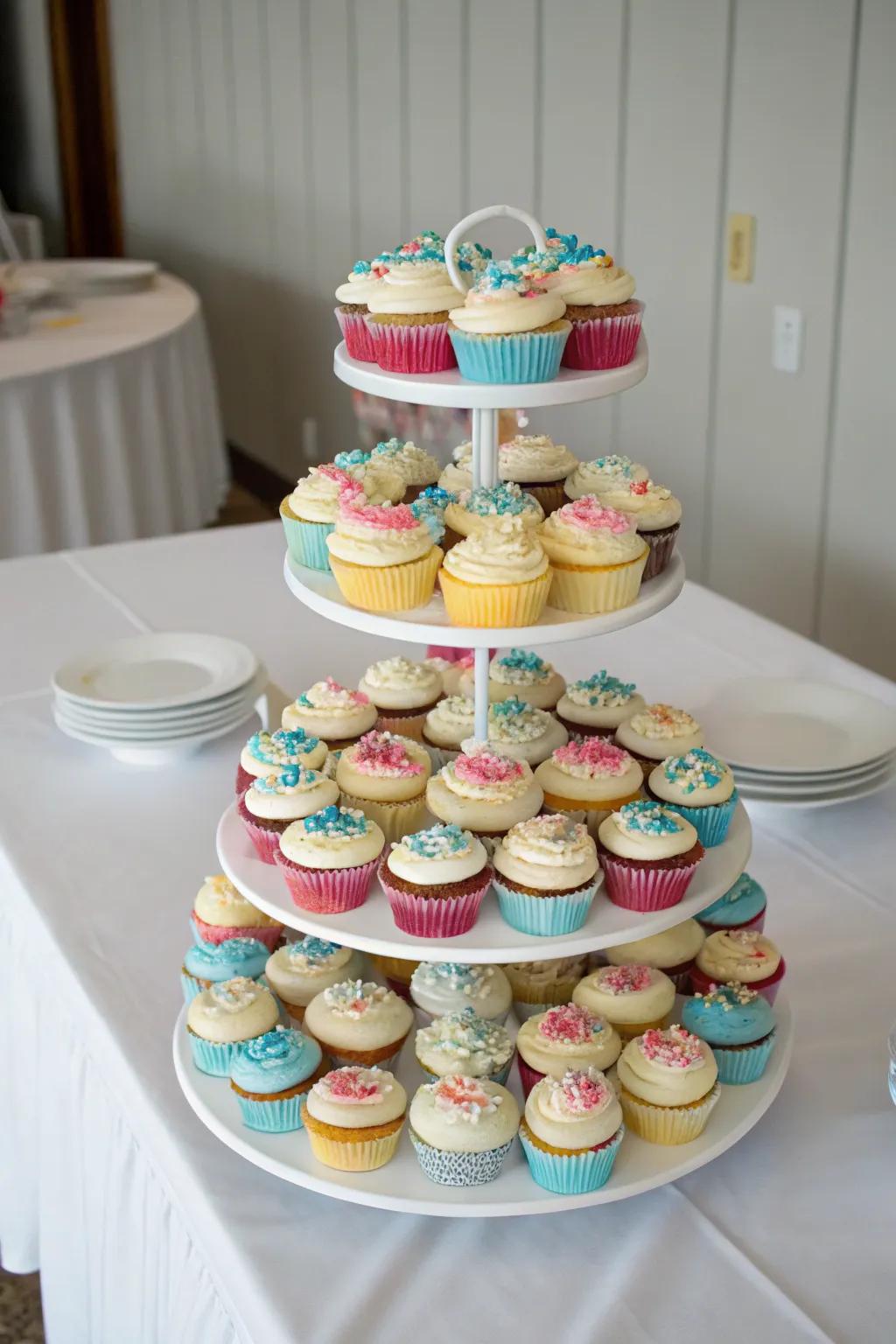 A tiered stand showcases cupcakes at different heights for enhanced visual appeal.