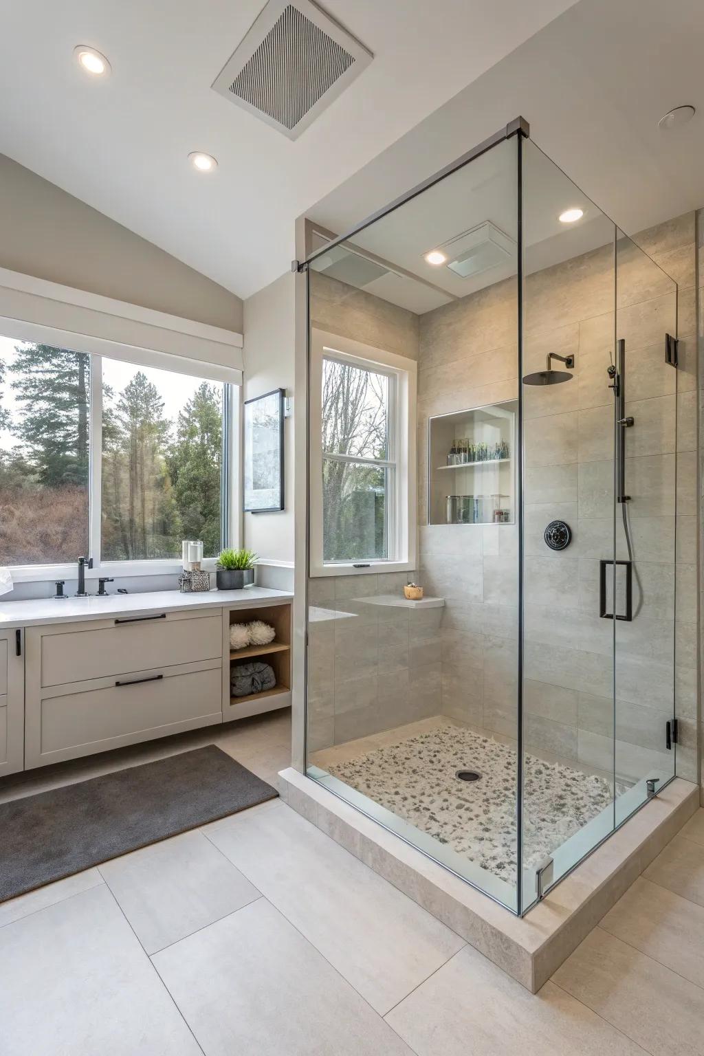 Unobstructed glass turns this bathroom into a roomy and stylish escape.