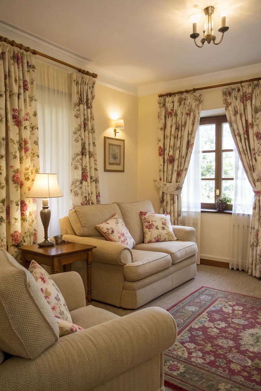 Botanical-themed drapes provide an energetic accent to subdued spaces.