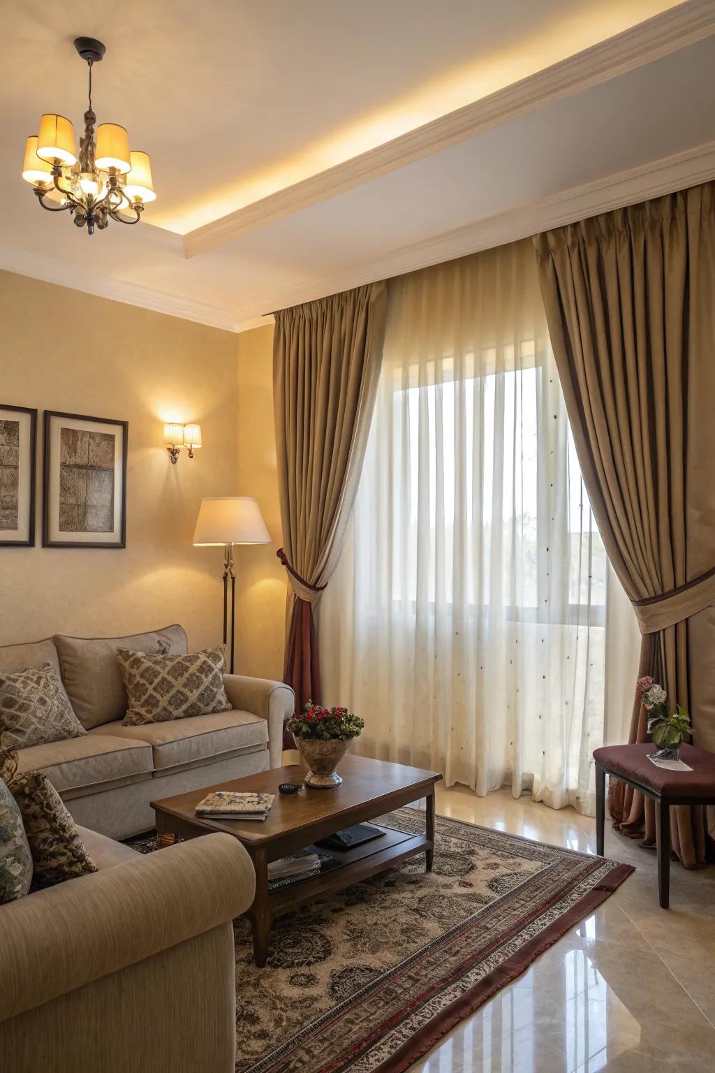 Curtains designed to merge with the wall paint, achieving a sleek design.