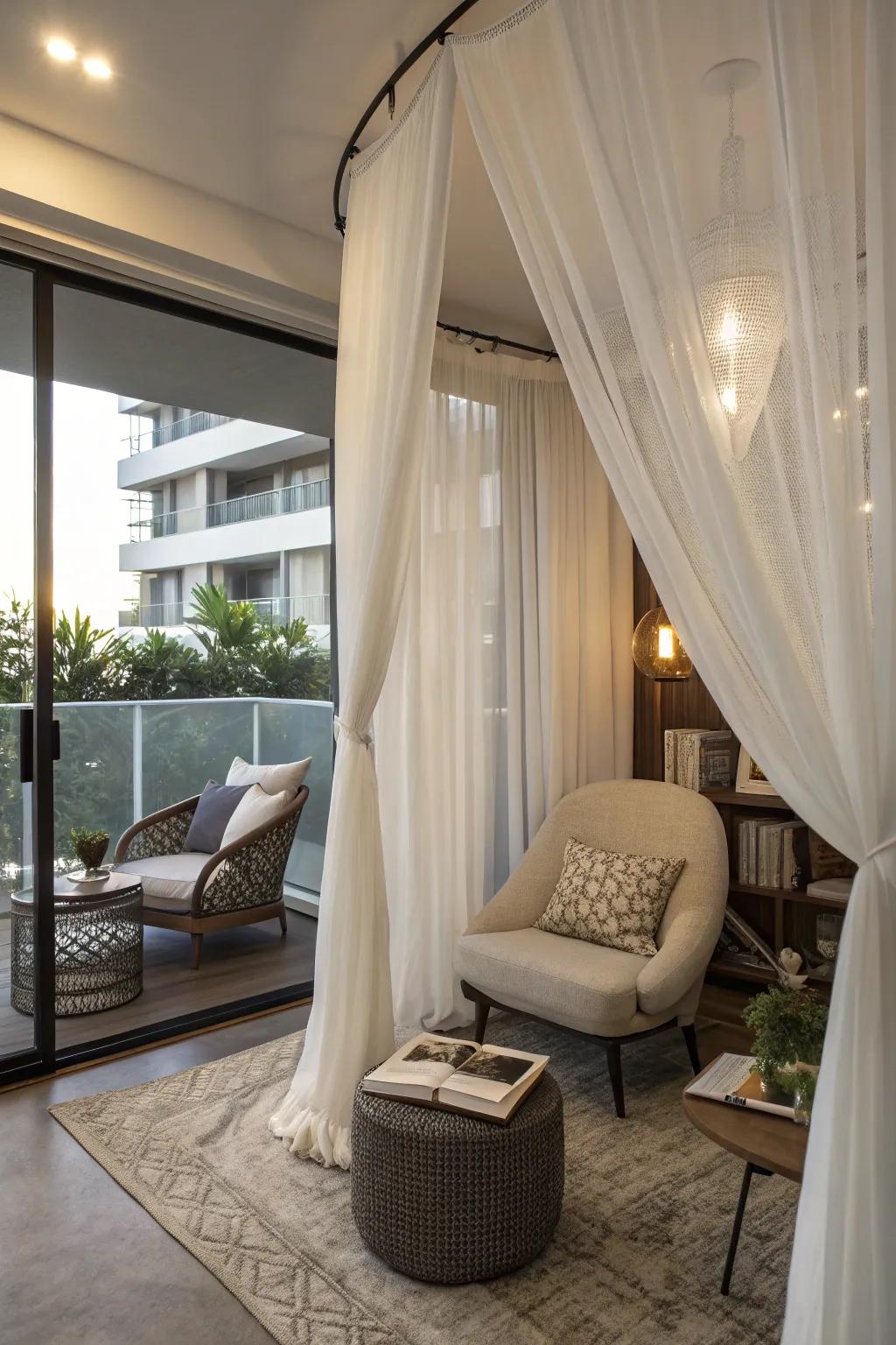 A cozy bedroom corner designed with sheer curtains for an ethereal feel.
