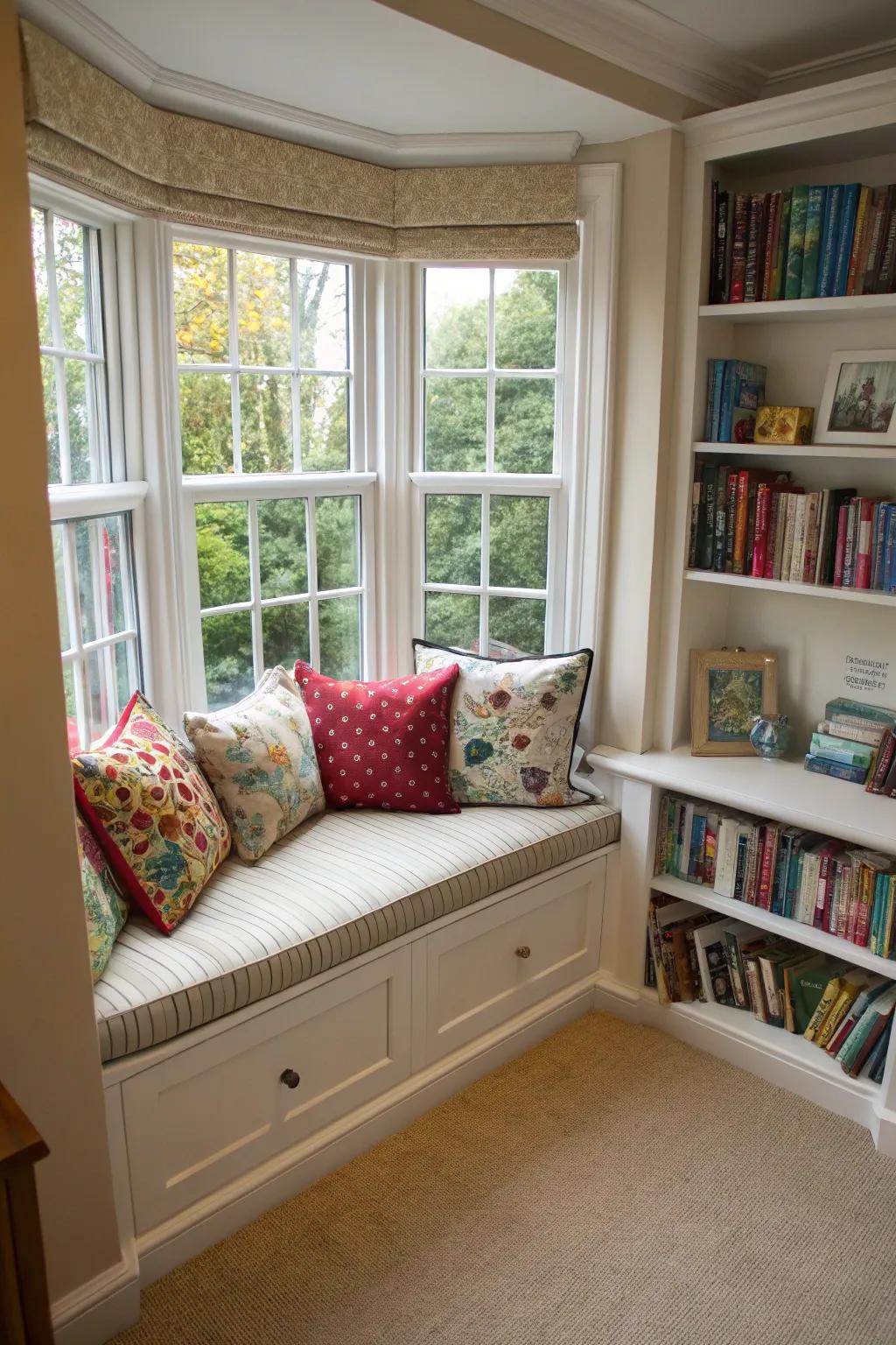 An attractive reading corner nestled in an arched bay window.