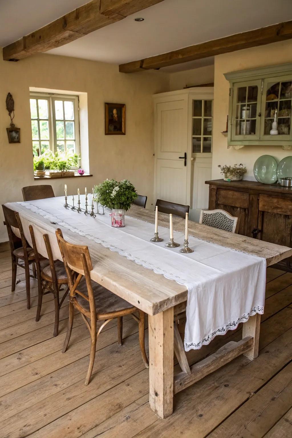 Upcycled timber dining centerpiece bringing a cozy and inviting ambiance to the dining area