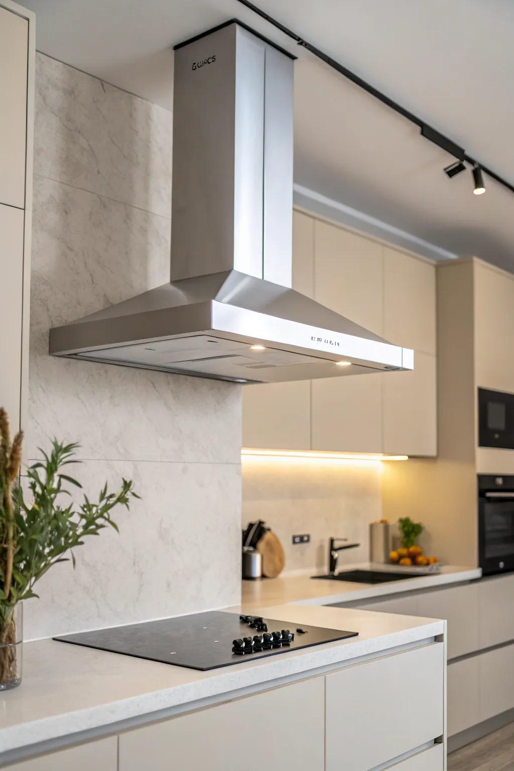 A minimalist range hood enhances the clean aesthetic of a modern kitchen.