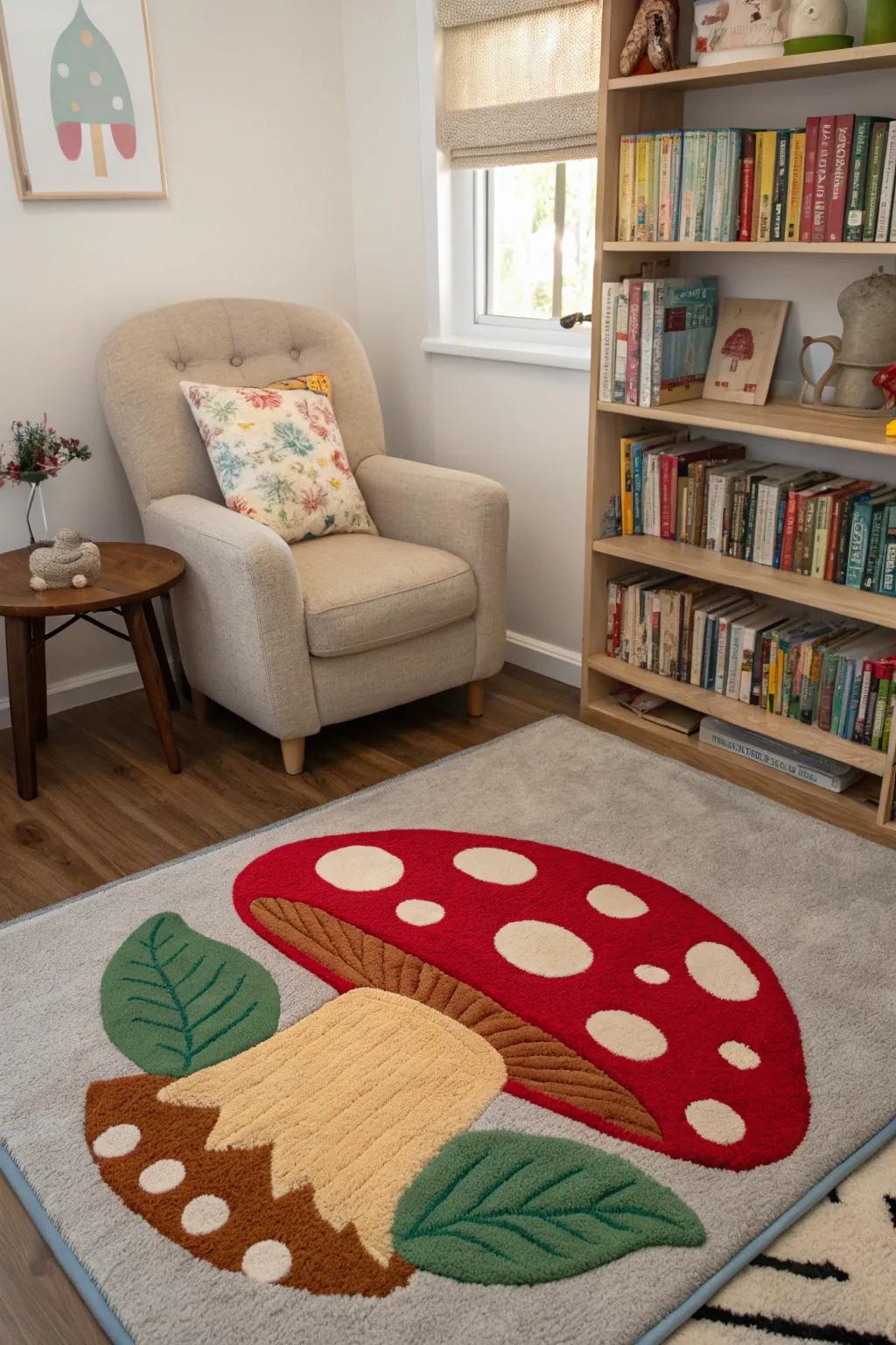 A mushroom-shaped rug enlivens this reading corner with a playful vibe.