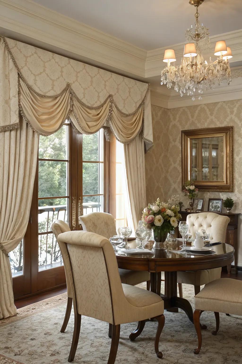 Solid-form valances impart classic elegance to any dining area.