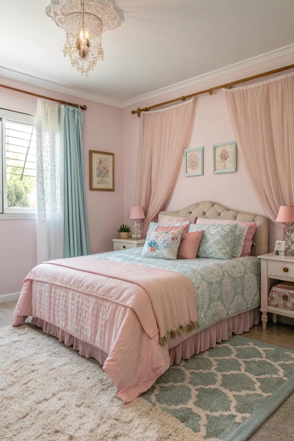 A peaceful and well-coordinated pastel-themed bedroom for sisters.