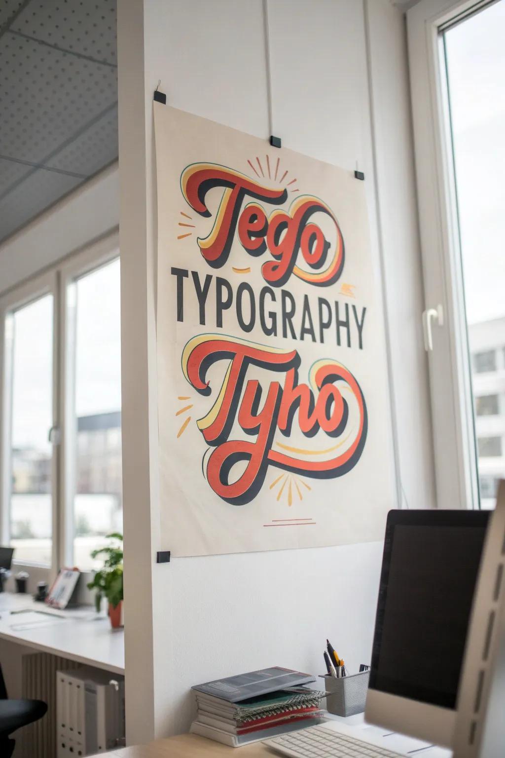 A poster with playful lettering in a modern home office.