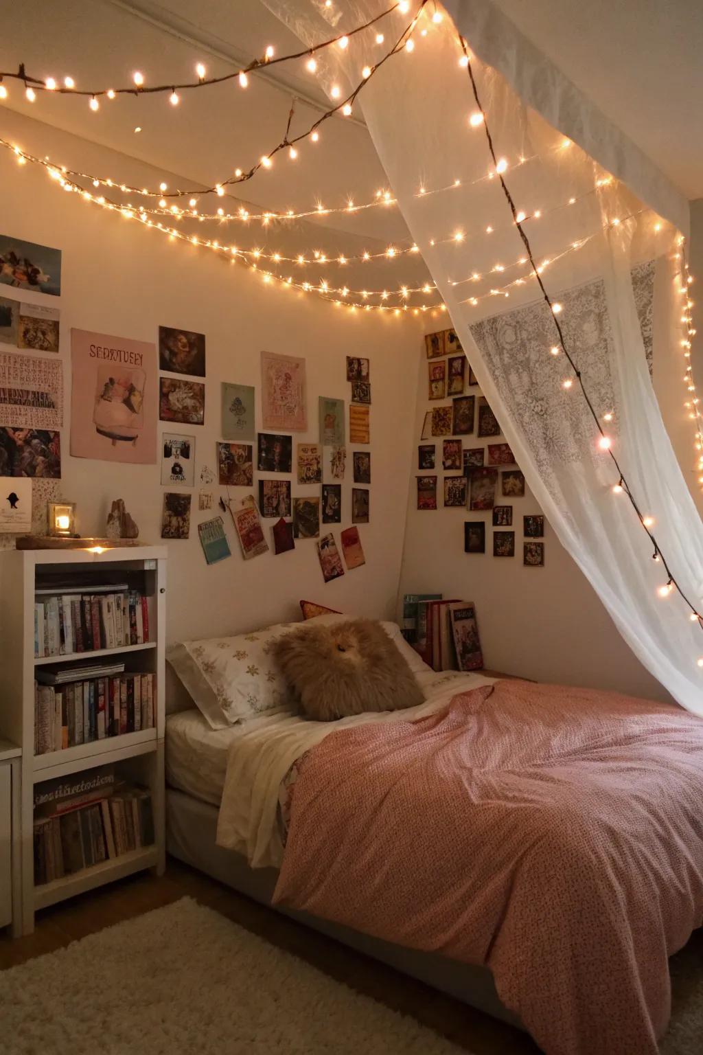 Twinkling lights casting a magical glow in a teen's room.