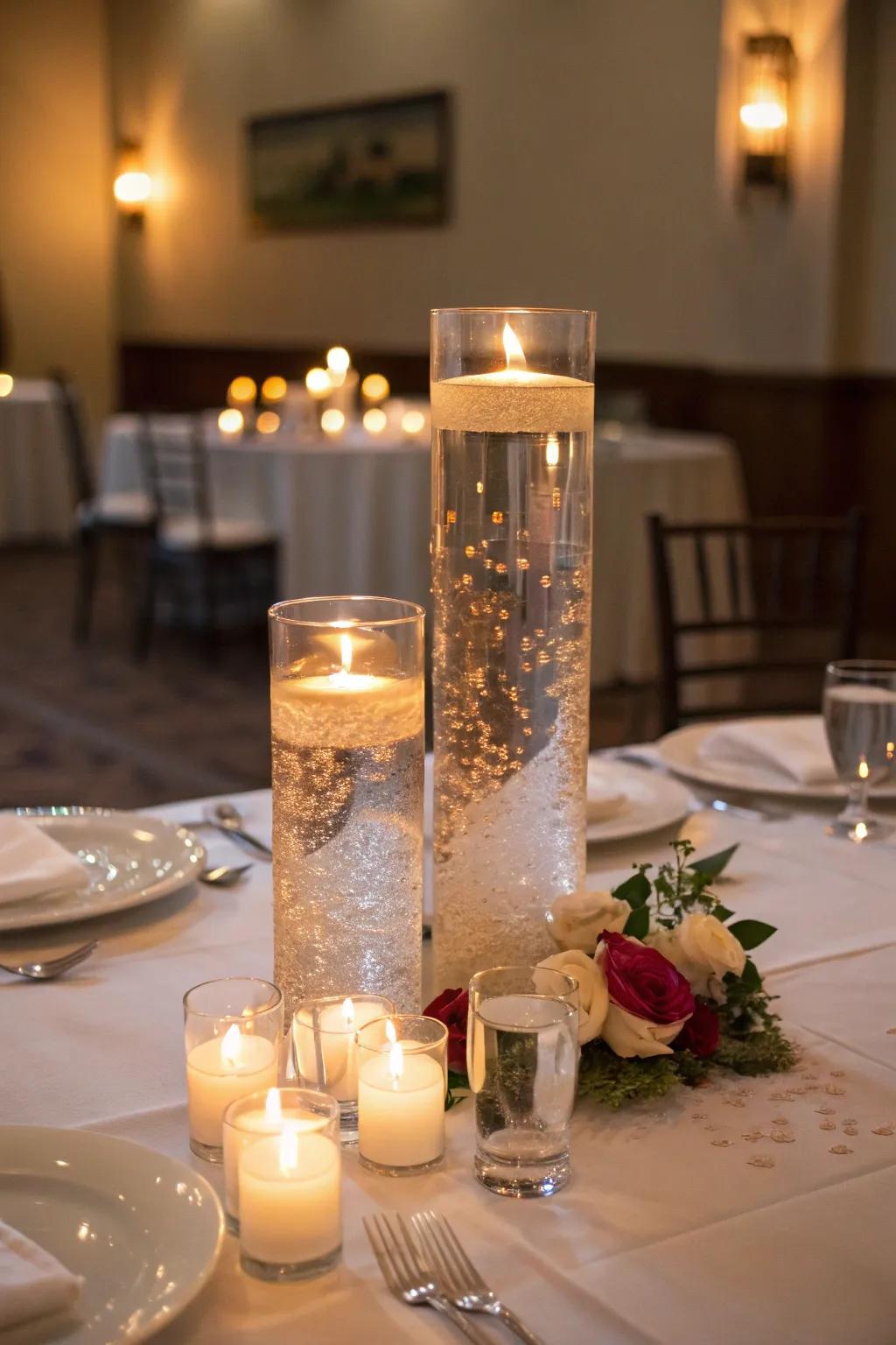 Floating candles in simple vases create a captivating light.