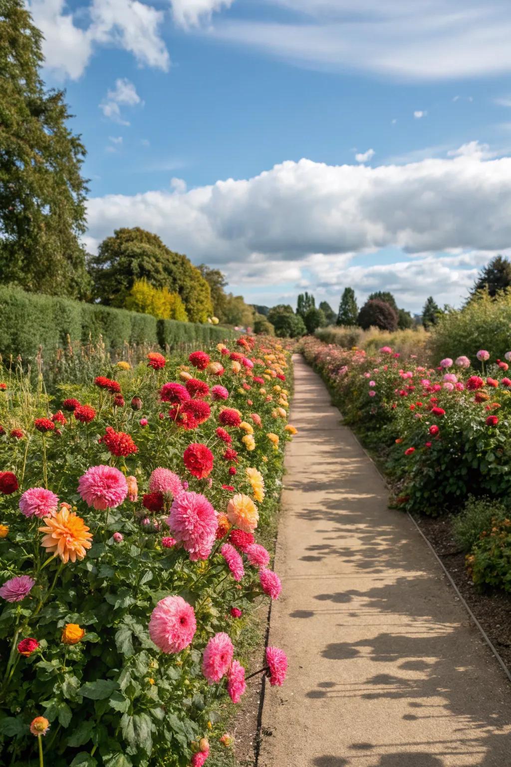 A garden path bordered by vibrant dahlia arrangements.