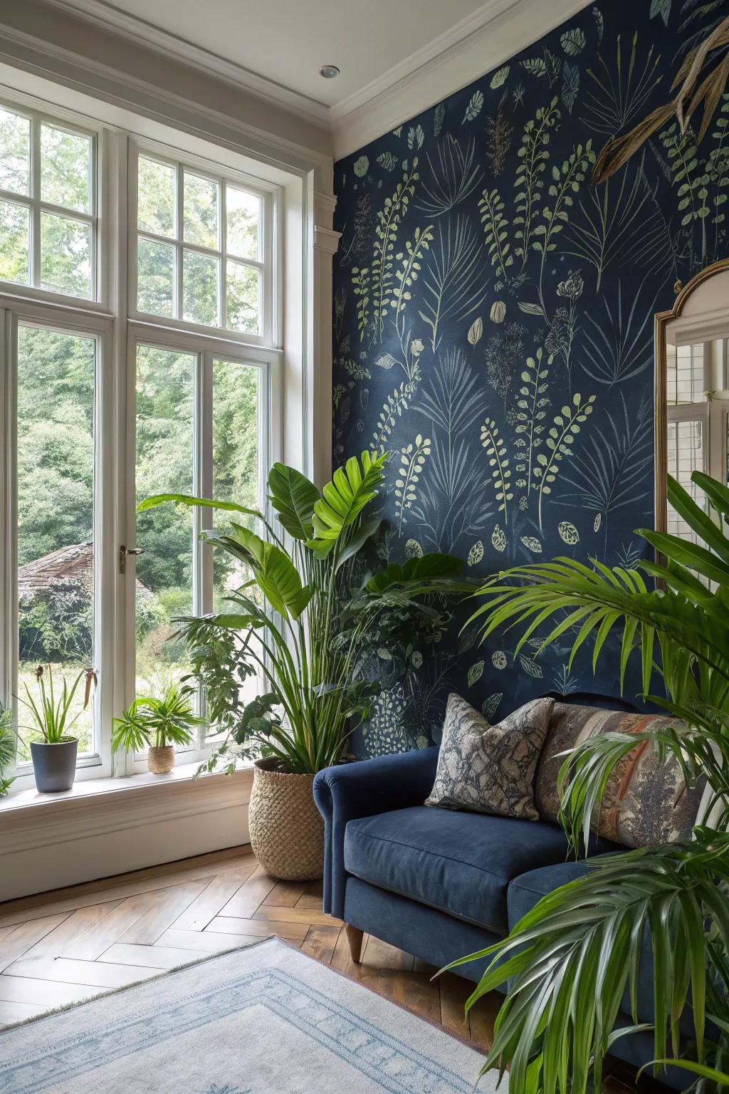 Invite the outdoors in with botanical dark blue wall coverings.