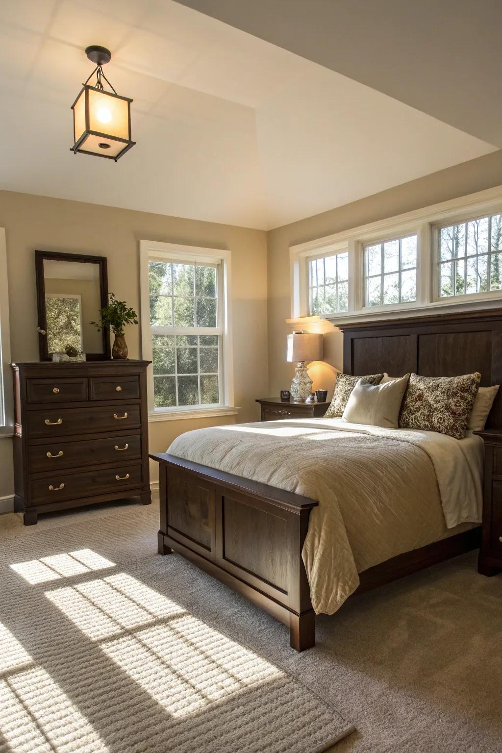 Pale-colored walls make dark brown furniture stand out, achieving a balanced aesthetic.