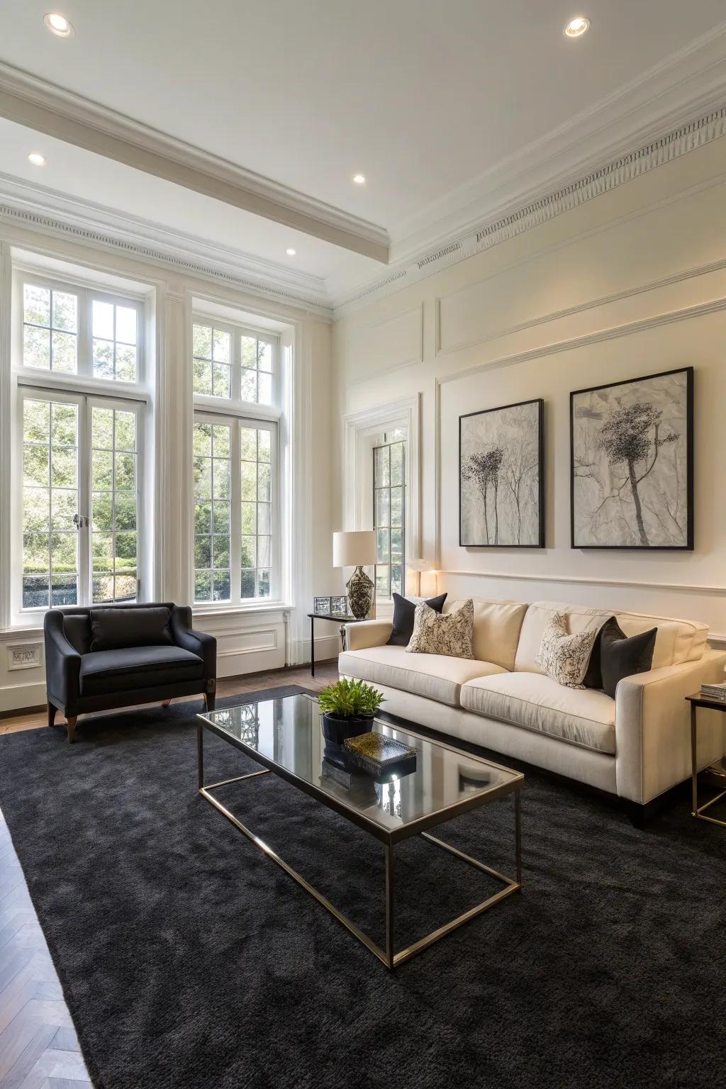 A noticeable contrast between dark floor coverings and light walls.