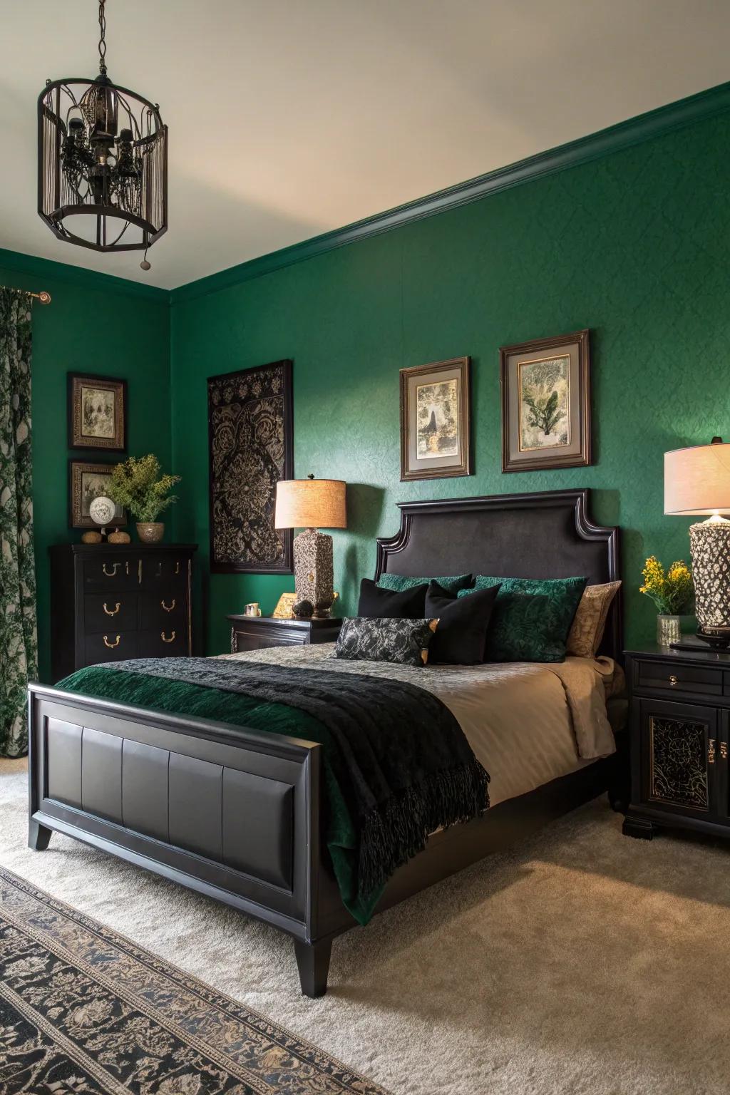 A deep green feature wall is beautifully complemented by chic black furniture.