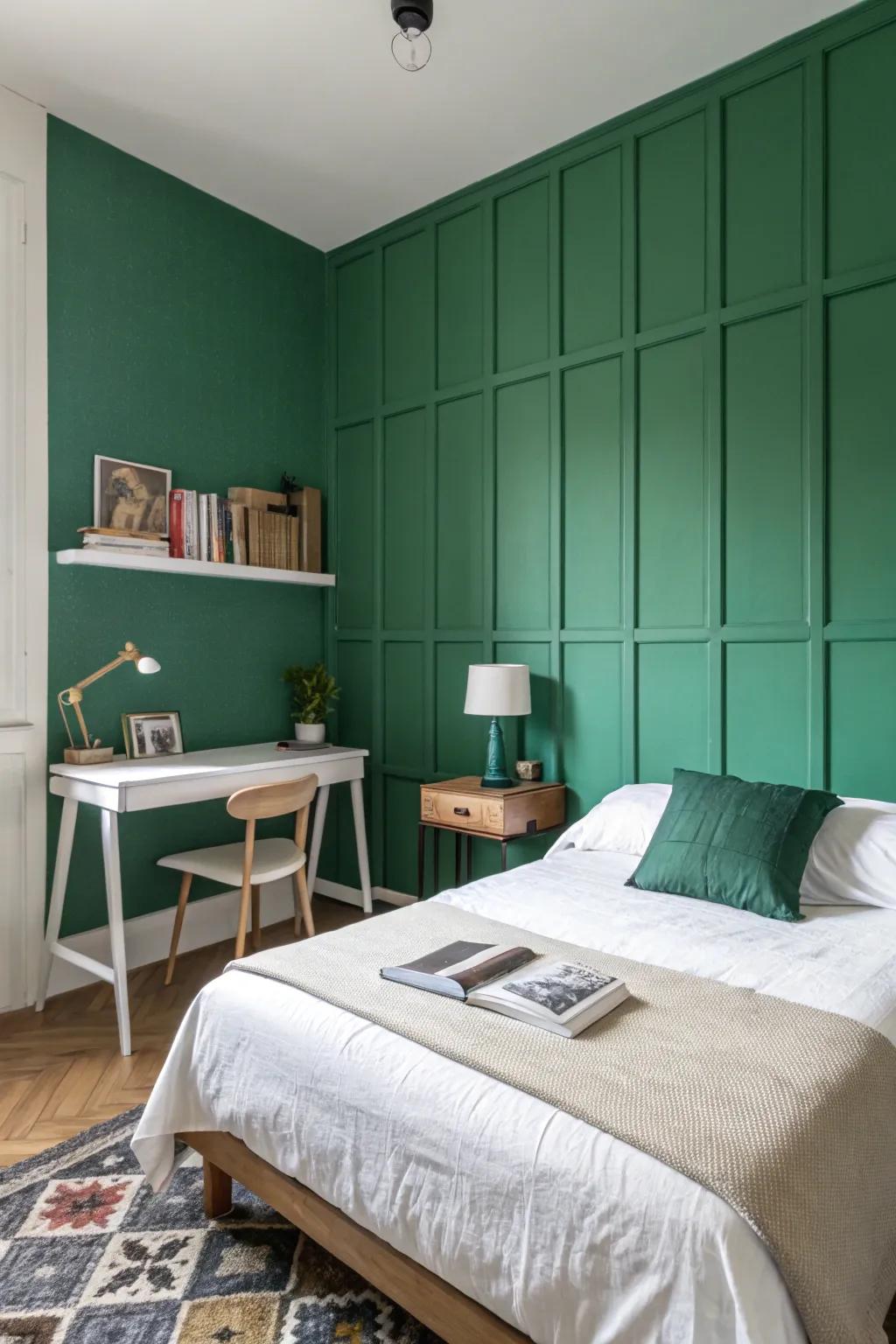 A bedroom showcasing a jade focal wall with minimalist accents.