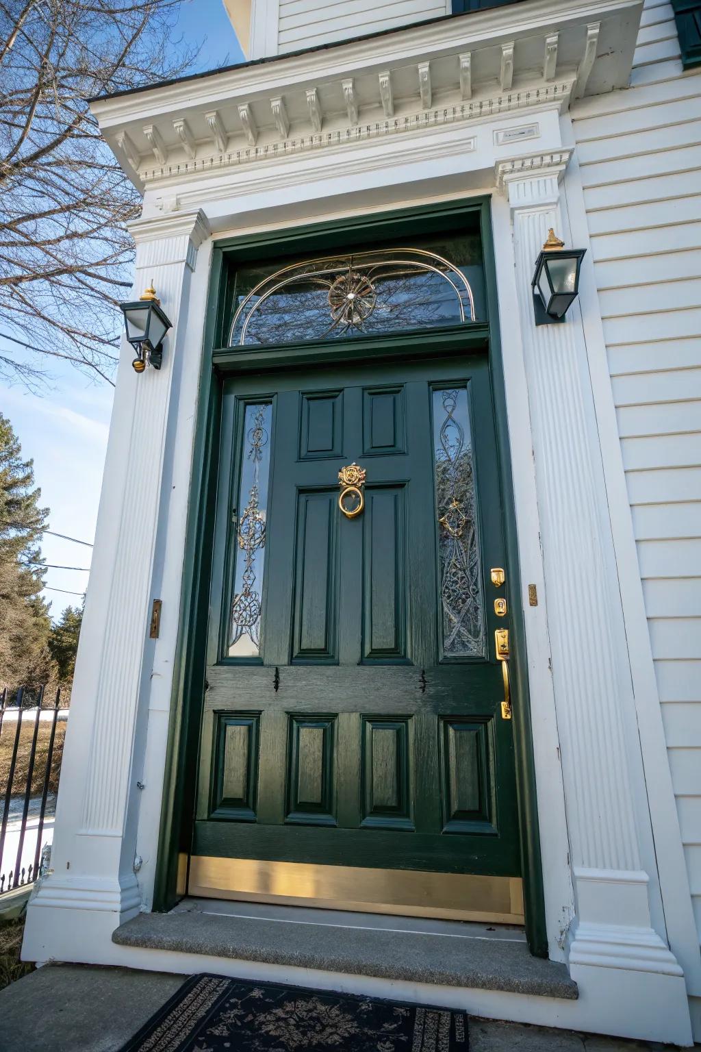 A traditional paneled door painted dark green, enhanced with sophisticated brass details.
