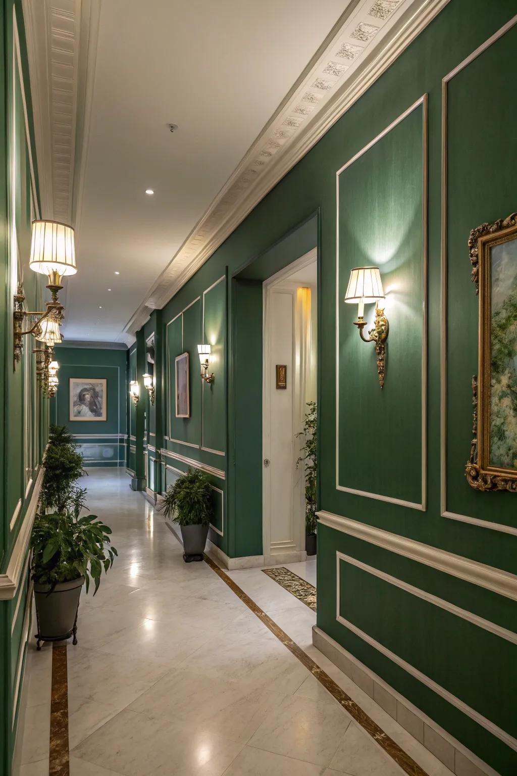 Deep green walls convert this hallway into a sophisticated area.