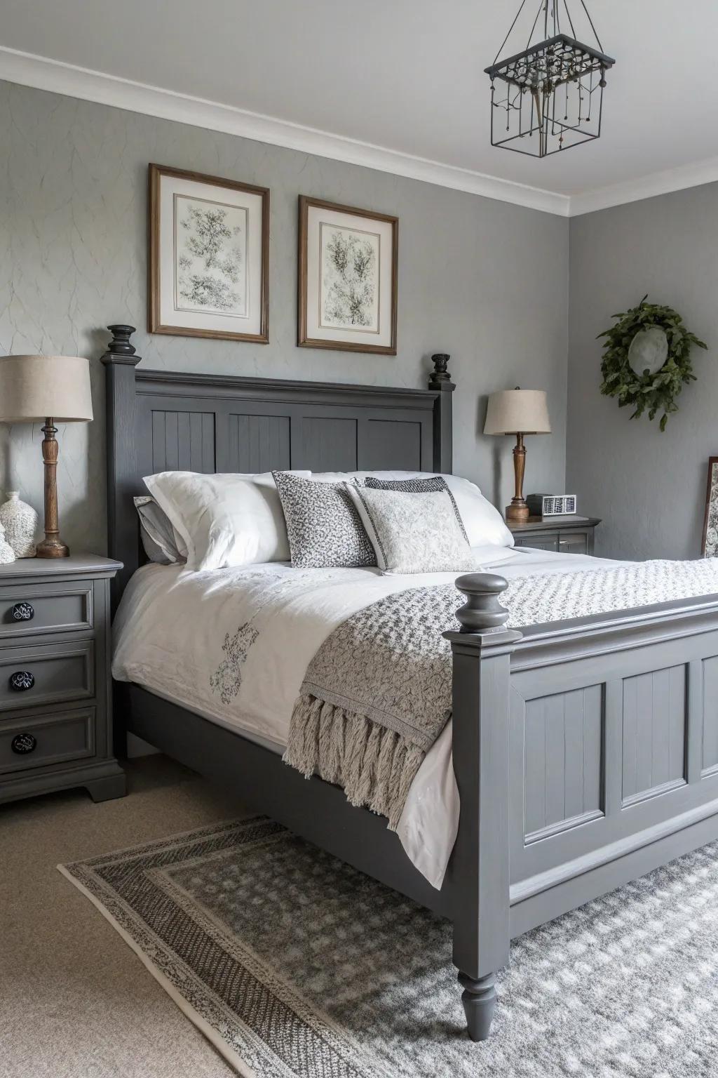 A monochrome bedroom featuring a dark grey bed frame, projecting peace and sophistication.