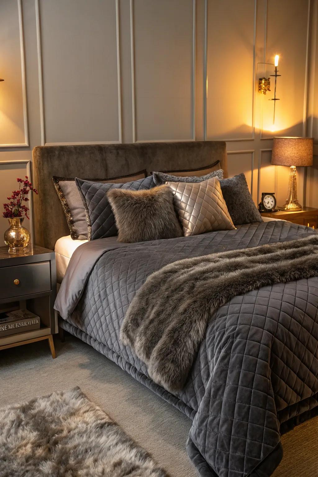 The bedroom's sumptuous atmosphere is enhanced by imitation fur and velvet.
