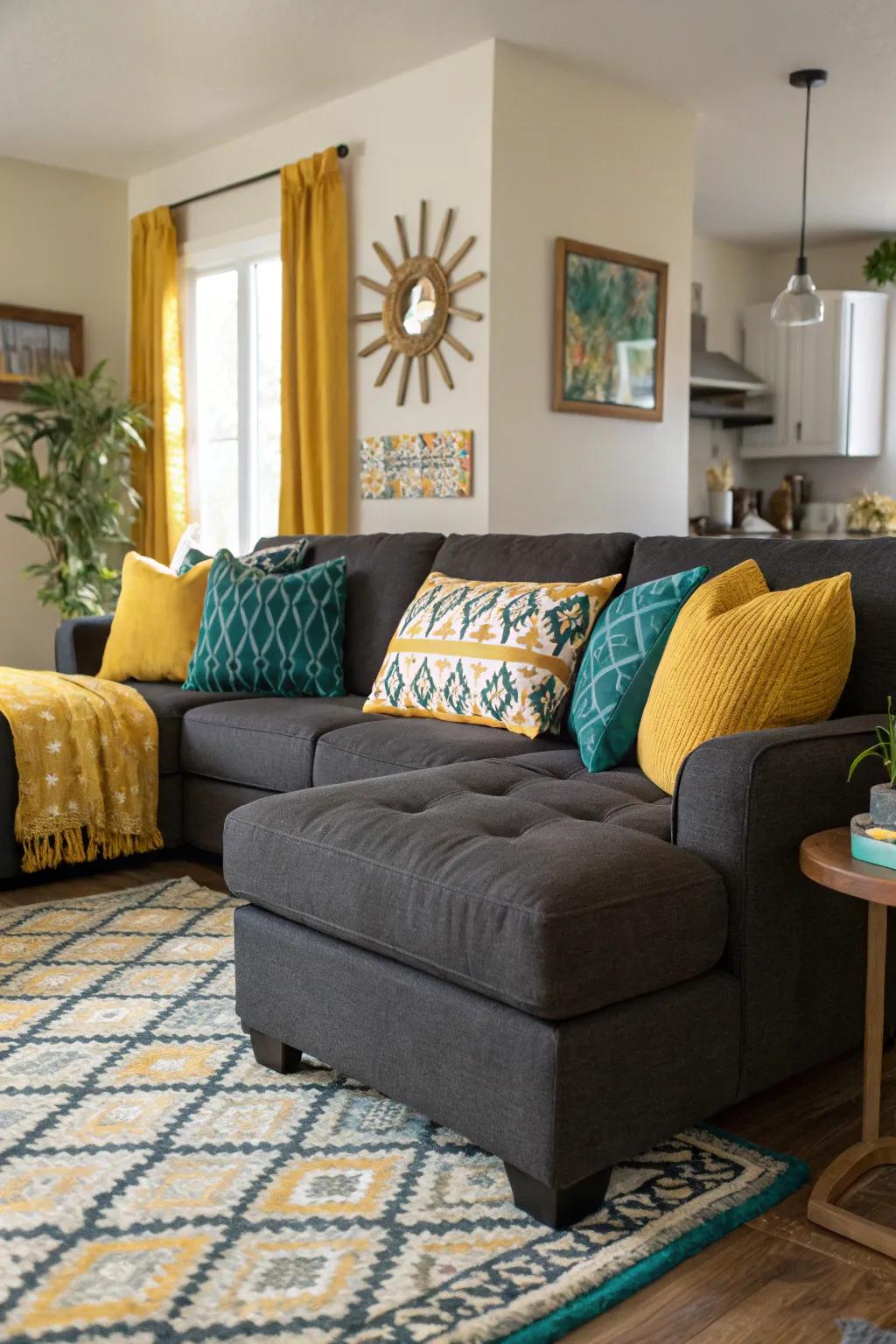 Striking complementary colors can revamp your dark grey modular sofa.