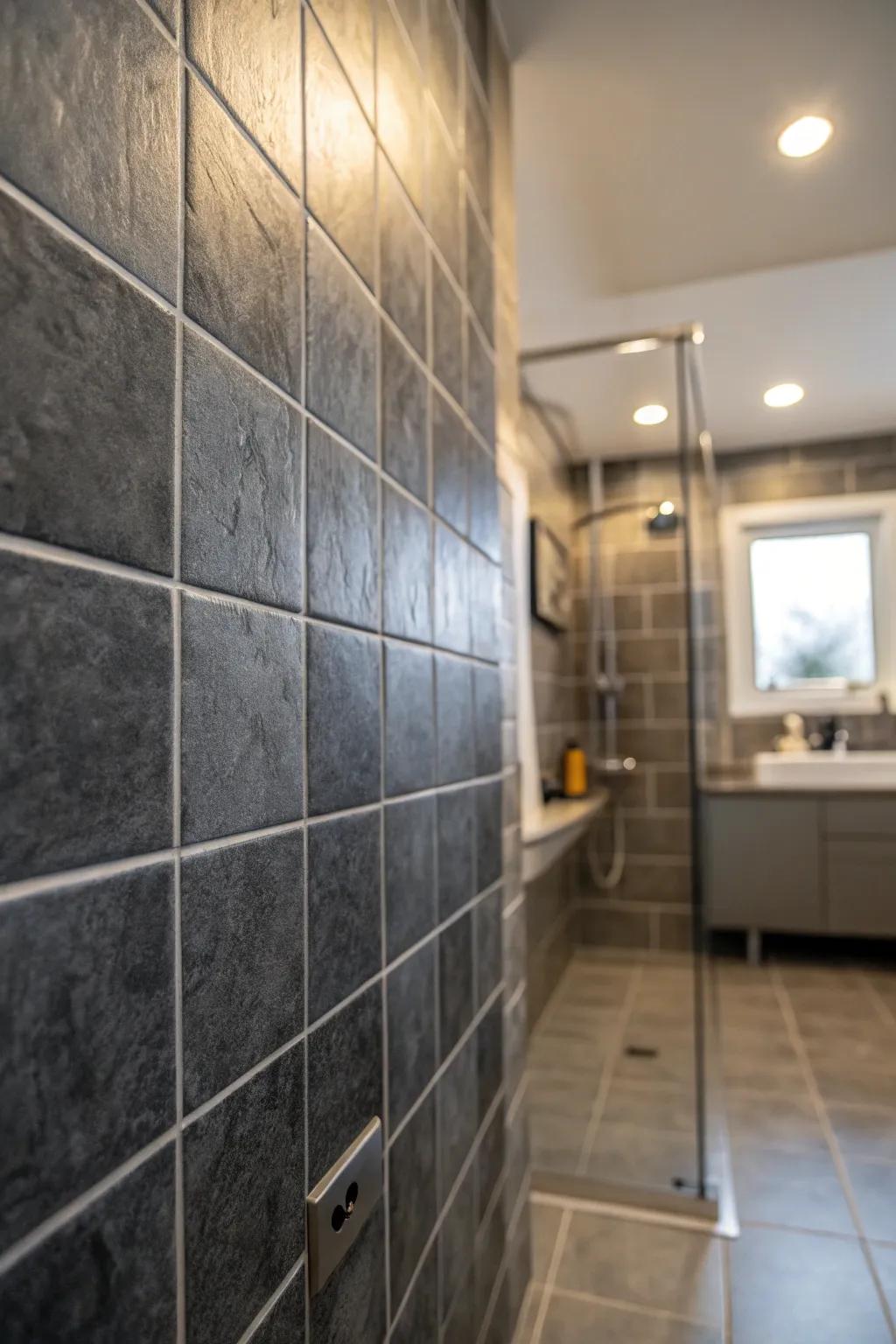 Matte dark grey tiles lend a serene and calming effect to this shower space.