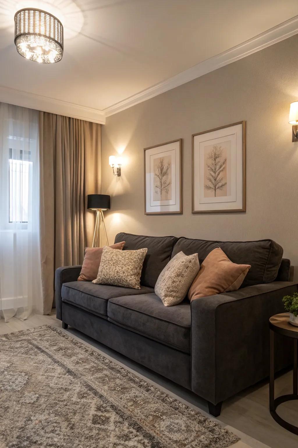 Gentle, understated colors beautifully enhance the richness of a dark grey couch.