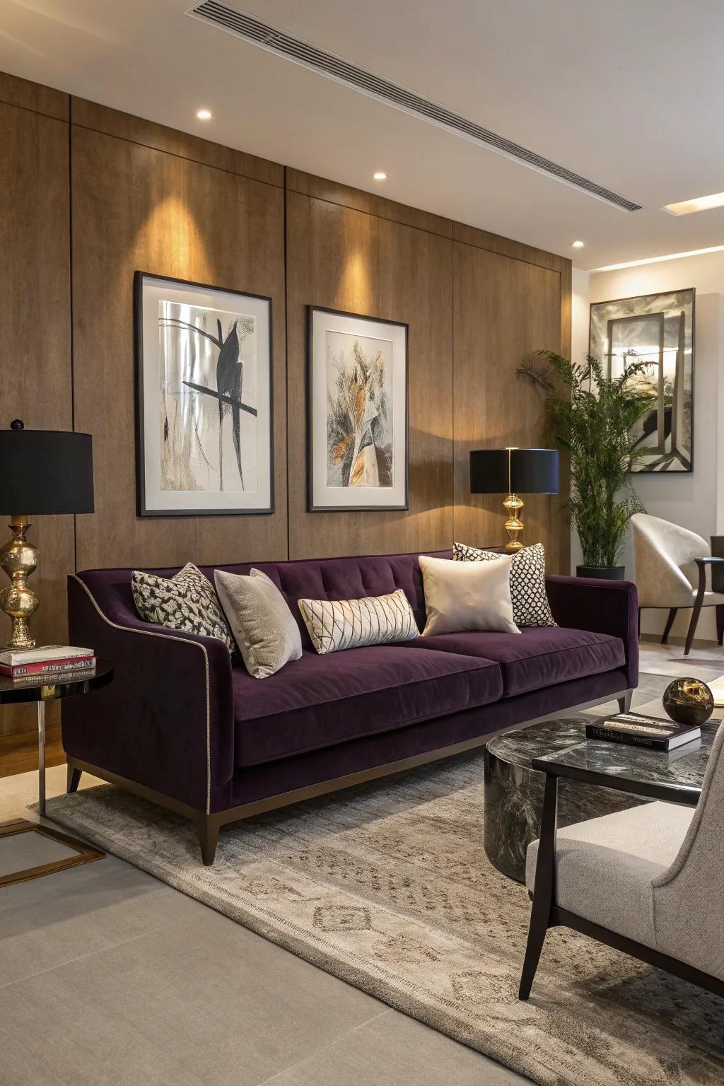 A deep violet velvet couch enriches this contemporary living area with both luxury and comfort.