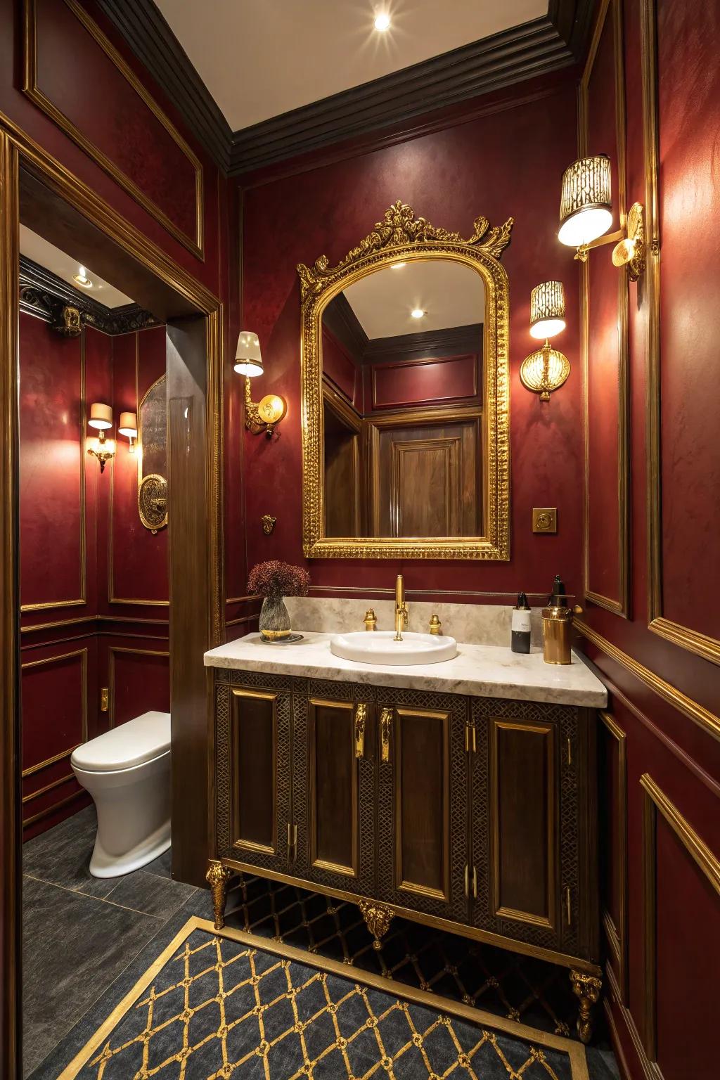 Walls in a deep crimson bring about a theatrical, cozy atmosphere to any bathroom.