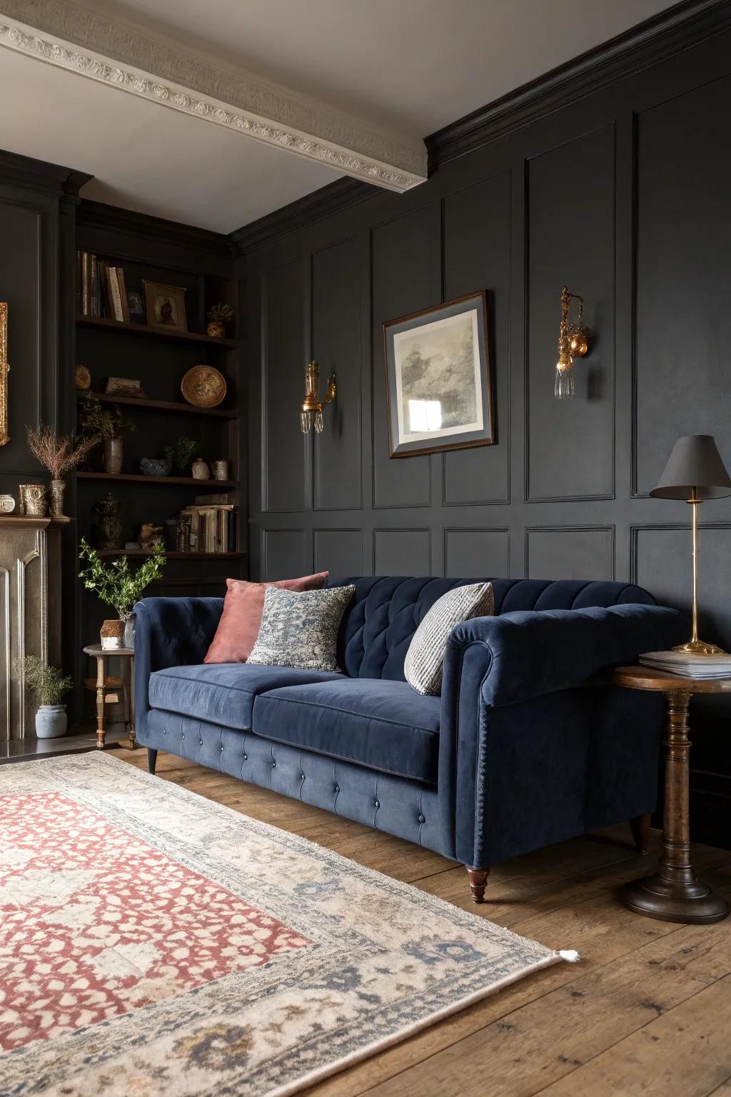 A living room showcases slate gray walls and a midnight blue plush couch.