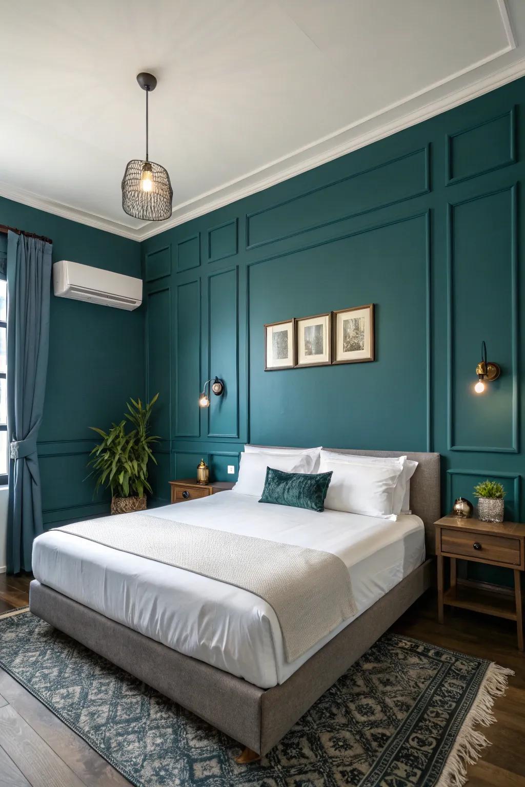 A statement wall in dark teal establishes a captivating core point.