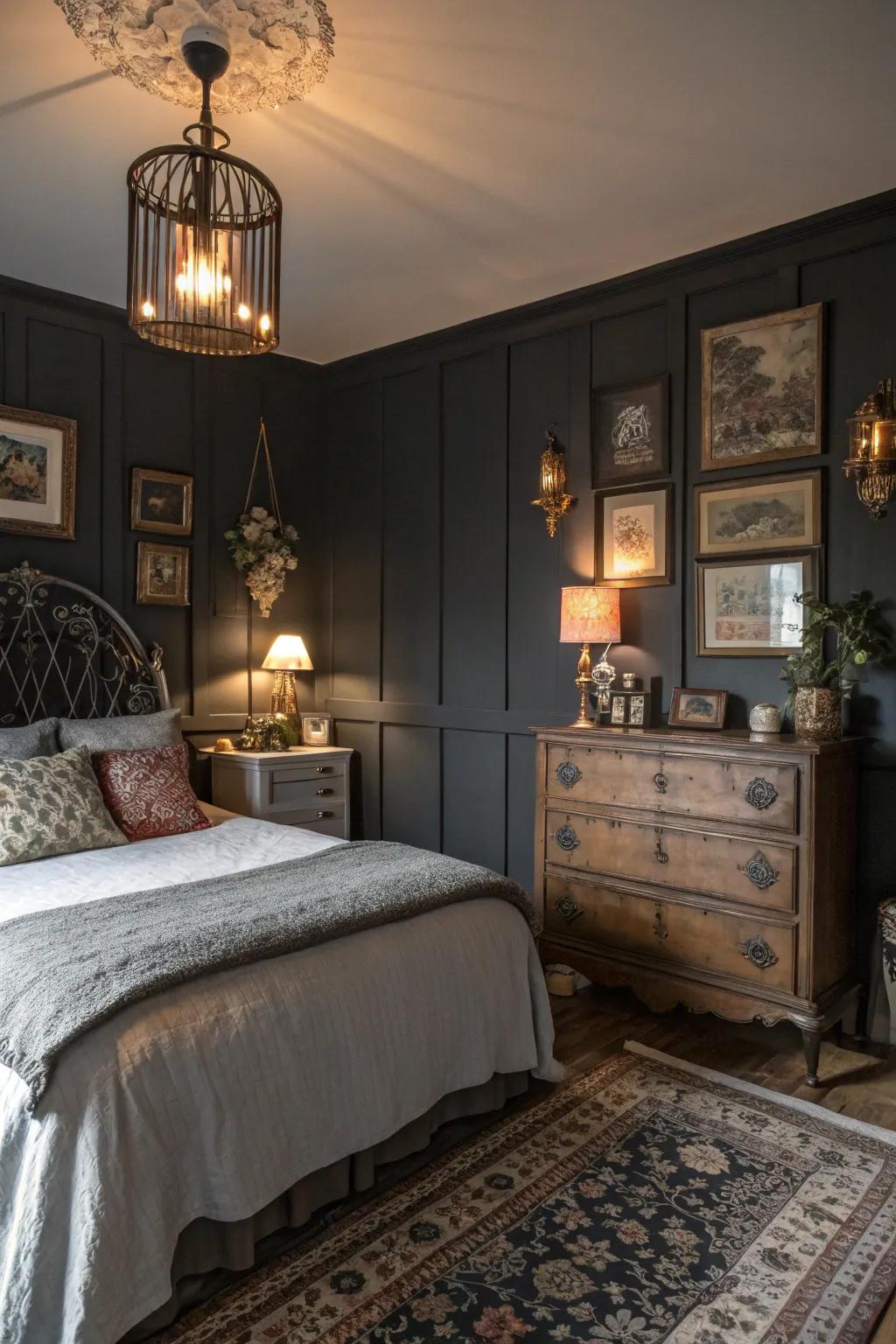 Deep slate-hued walls offer a sensational yet relaxing backdrop for a vintage-inspired bedroom.