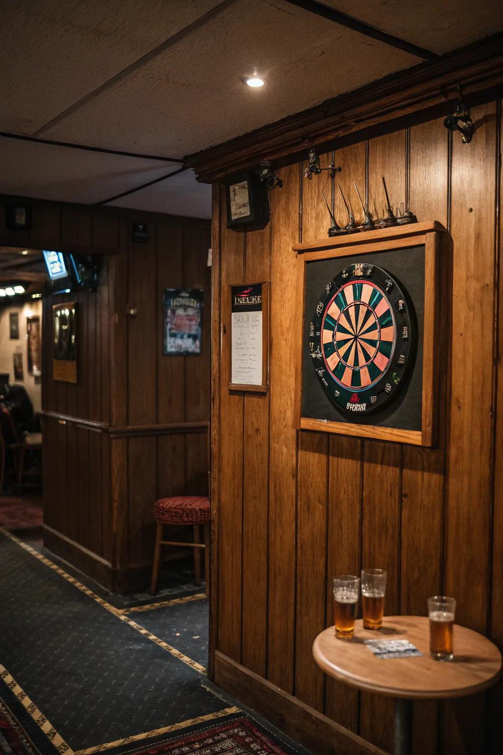 Walls adorned with textured wood panels add warmth and a focal point to your dart room.