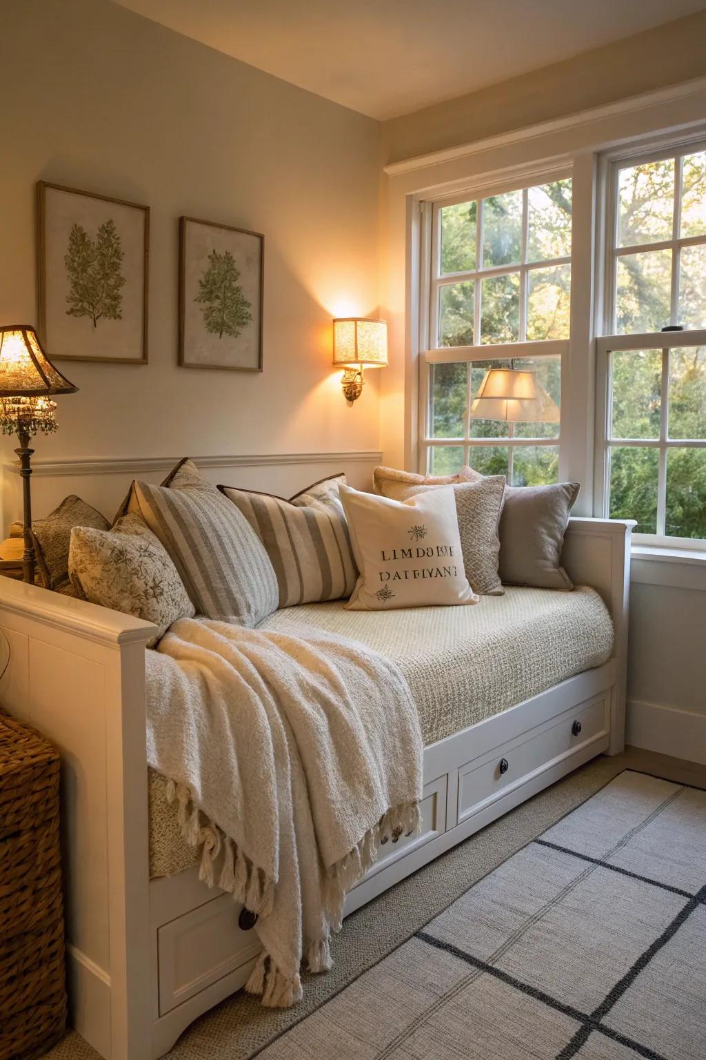 A corner daybed haven adorned with sumptuous fabrics