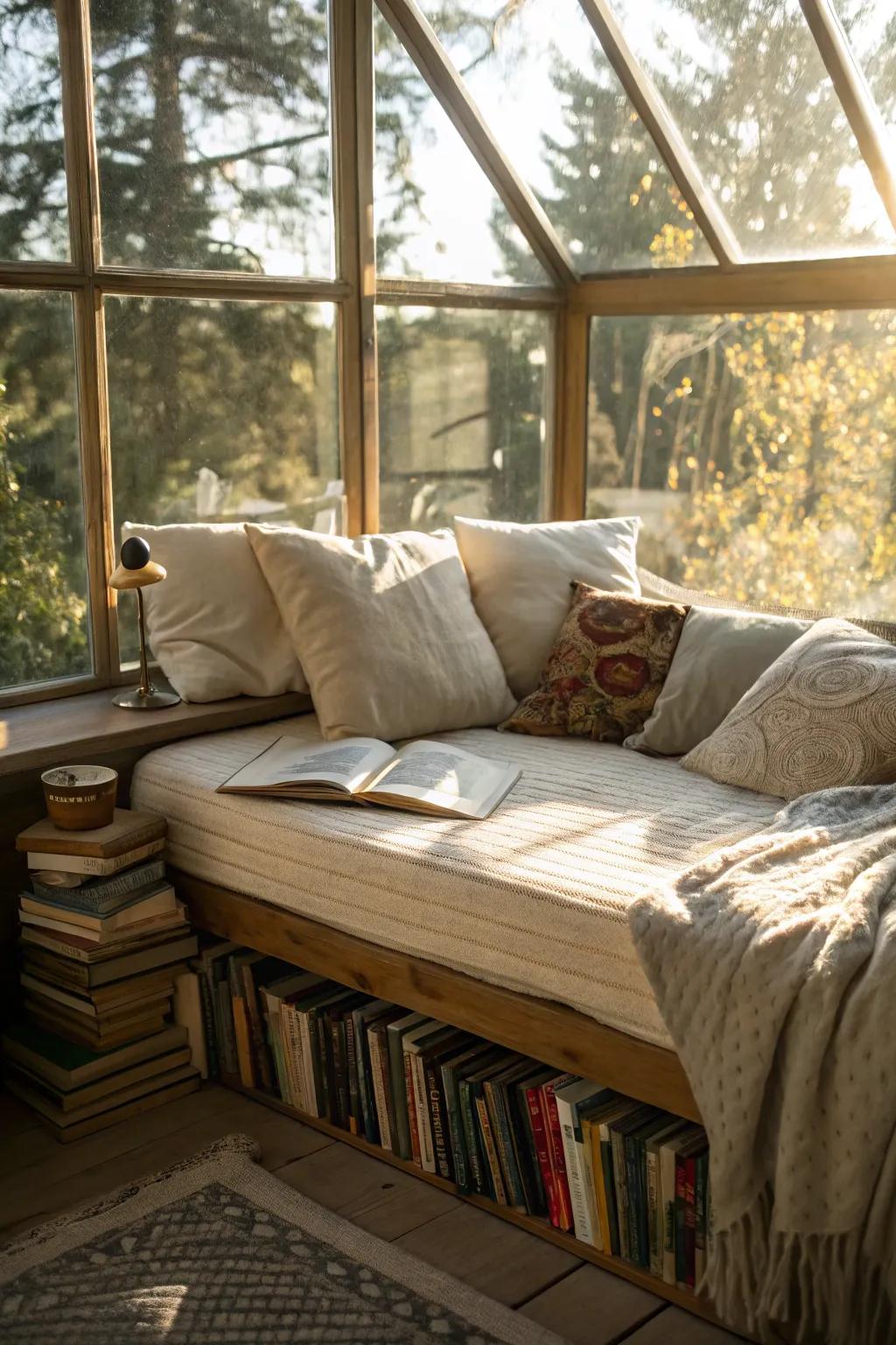 A daybed set by the window creates a tranquil reading space.