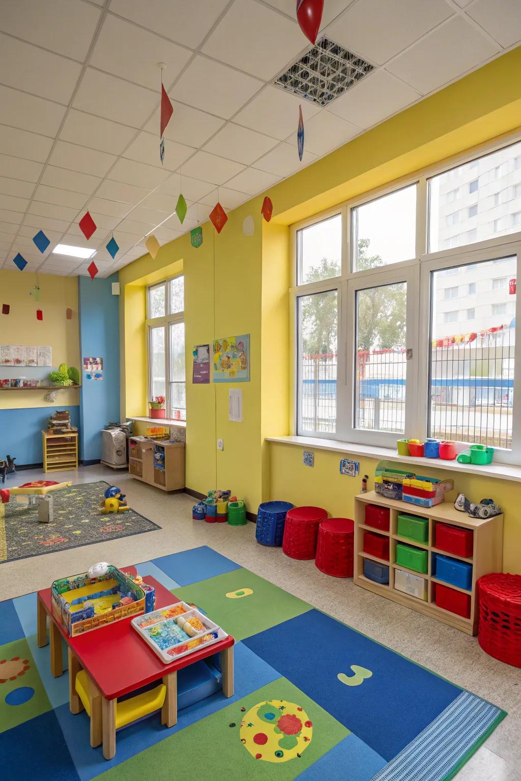 A daycare room featuring walls adorned with vibrant primary hues and spirited furniture.