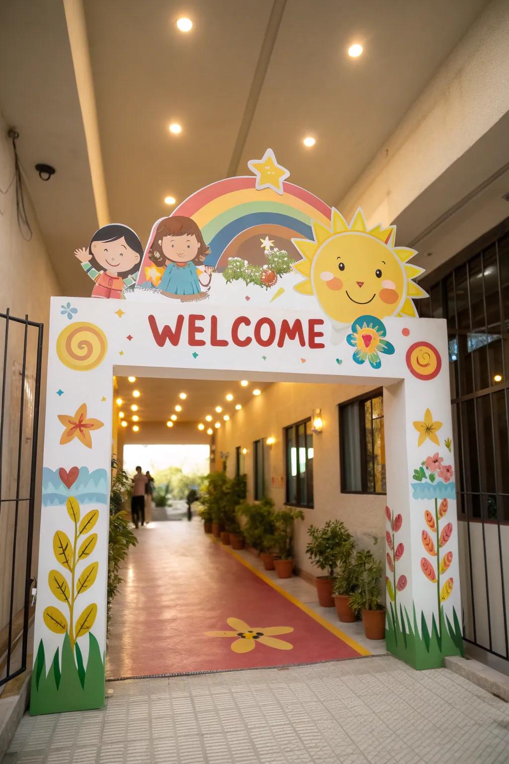 A radiant welcome sign welcomes families upon entry, hinting at a nurturing setting within.