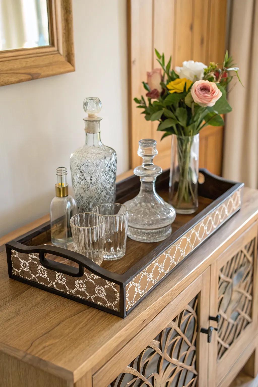 An elegant tray display featuring glass vessels and fresh flowers.