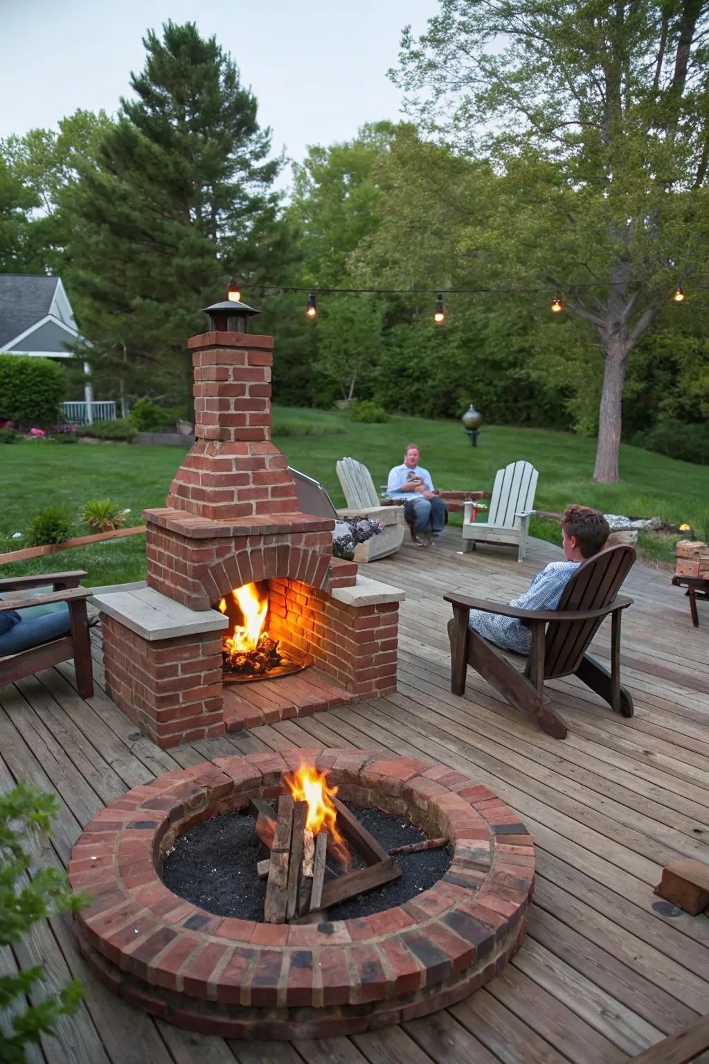 A traditional brick fire pit situated on a wooden deck, creating an inviting and rustic ambiance.
