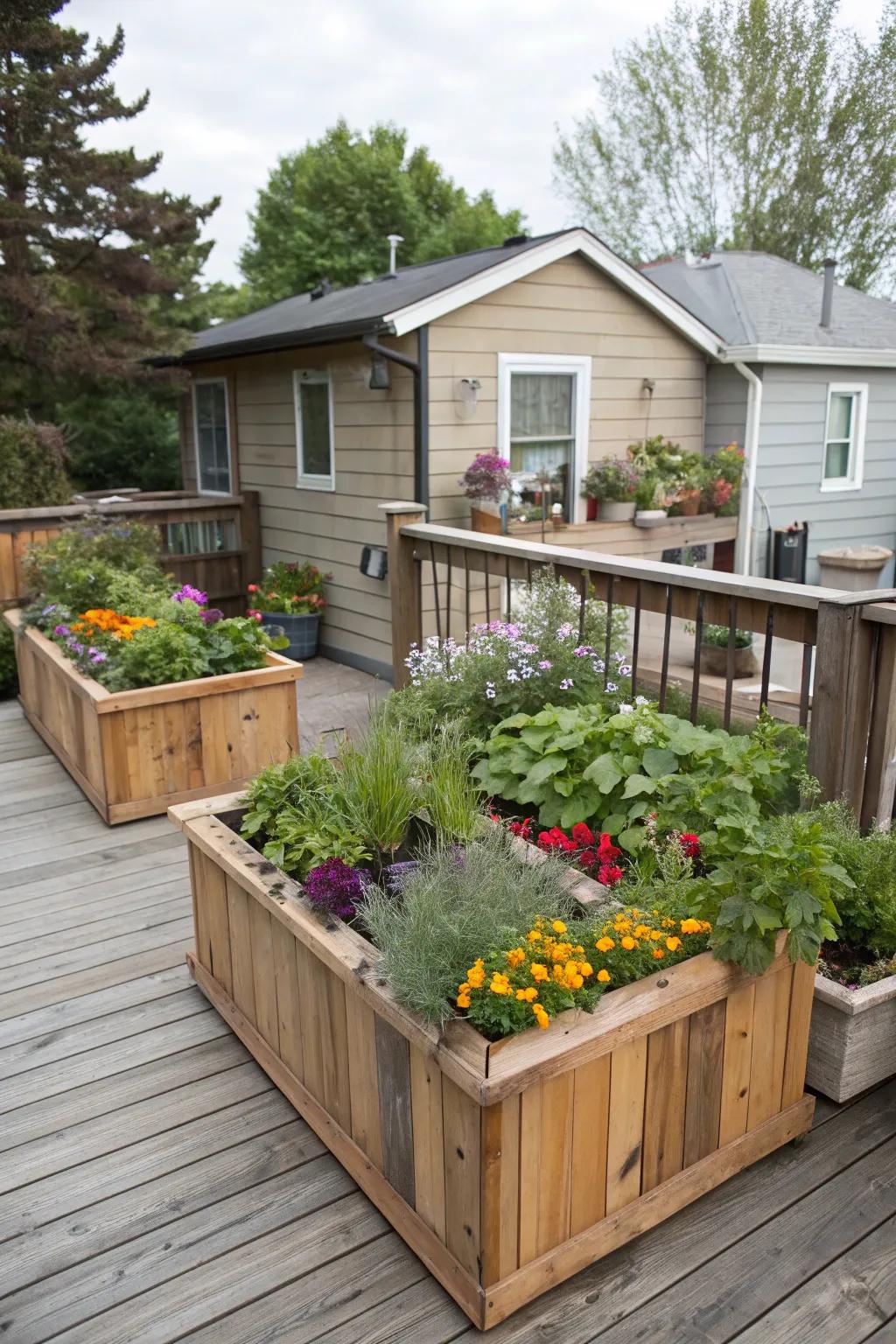 Elevated planters bring lively color and greenery to a compact deck area.