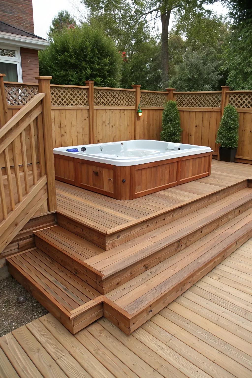 A hot tub smoothly added into the deck's layout.