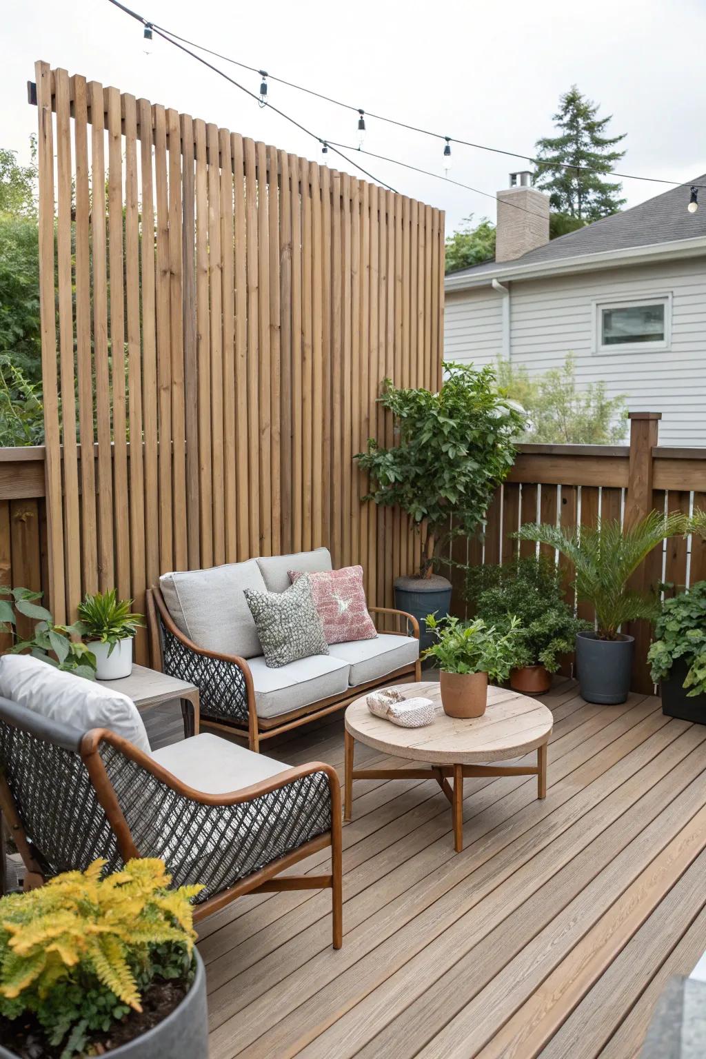 A stylish deck showcasing a vertical wood panel privacy feature.