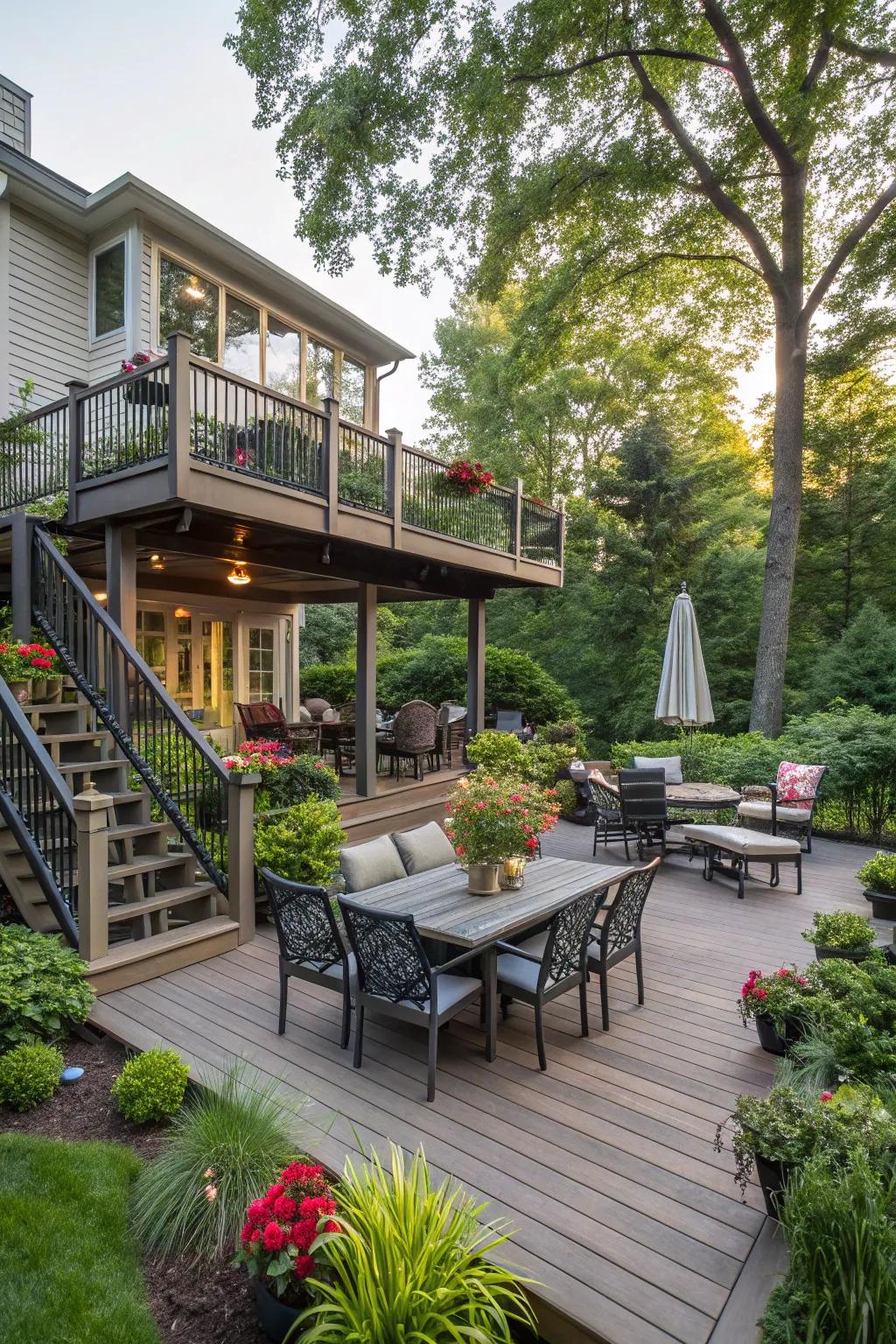 Split-level decks define distinct zones for a dynamic outdoor experience.